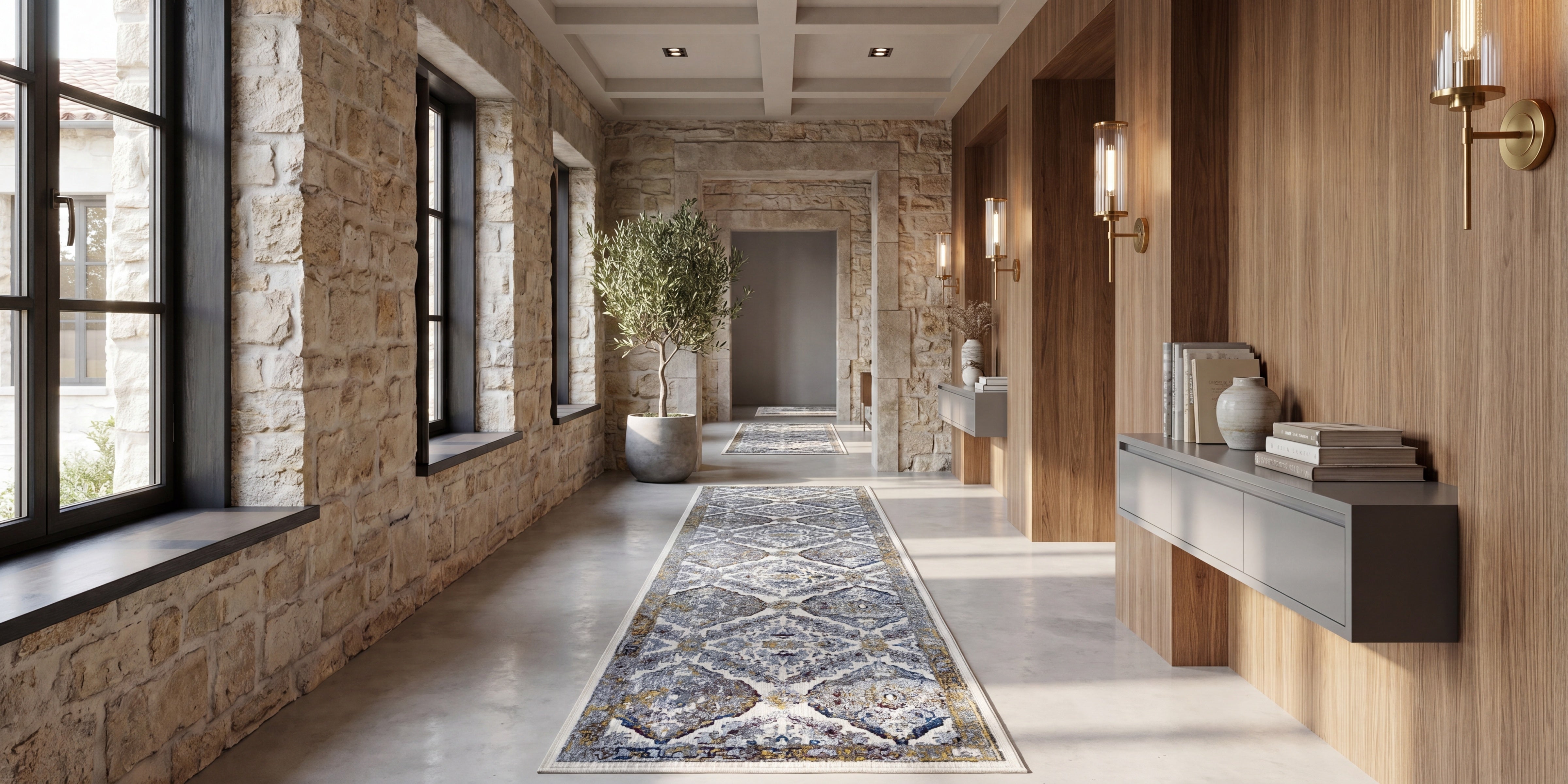 Modern hallway with stone walls, wooden paneling, and a decorative HALLWAY RUNNERS. THIS IS collection banner FOR LONG NARROW RUGS in Chicago 
