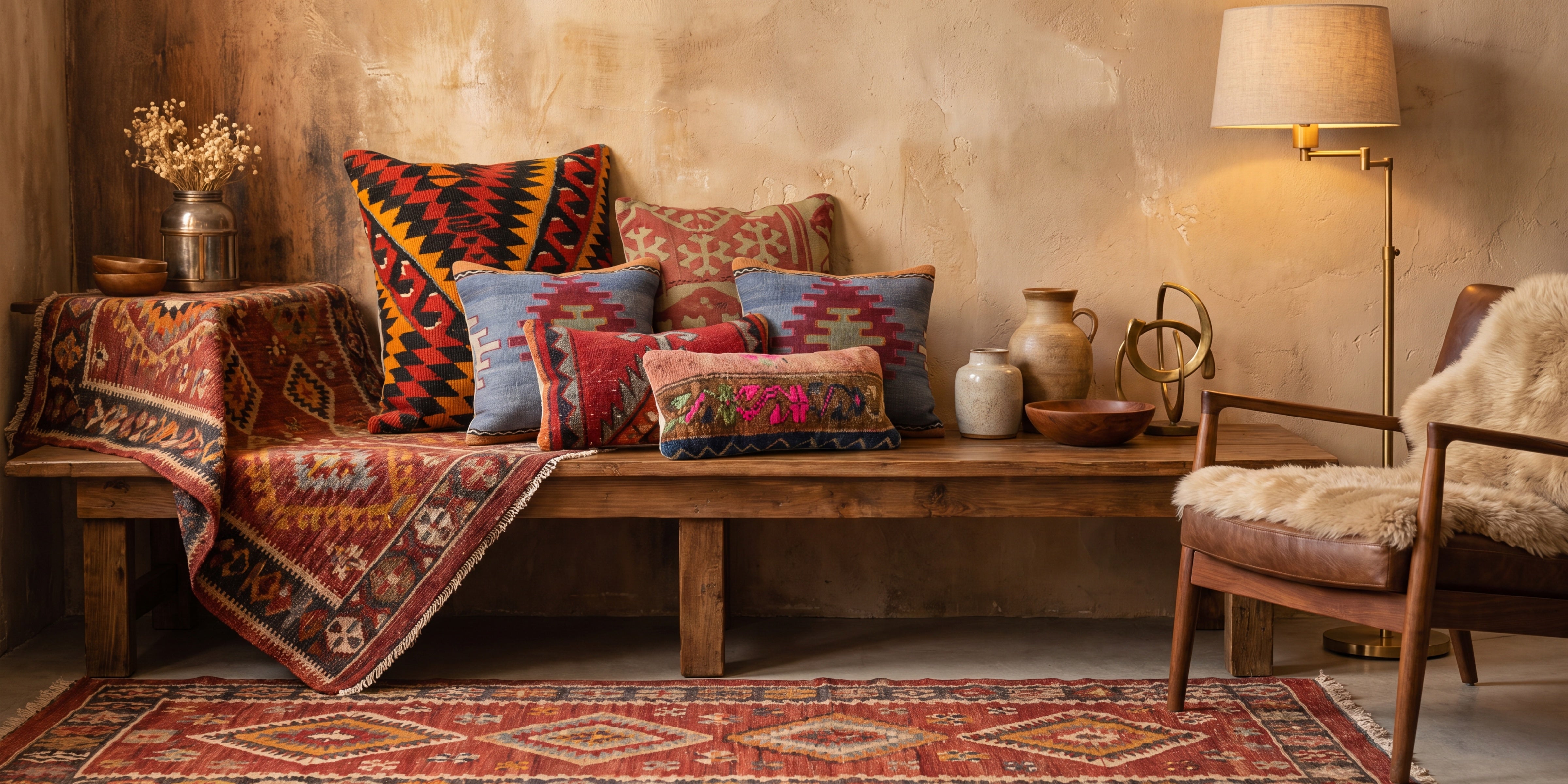 A cozy display of colorful handmade rug and kilim pillows with traditional geometric patterns stacked on a wooden bench by Cozy Rugs in Chicago.