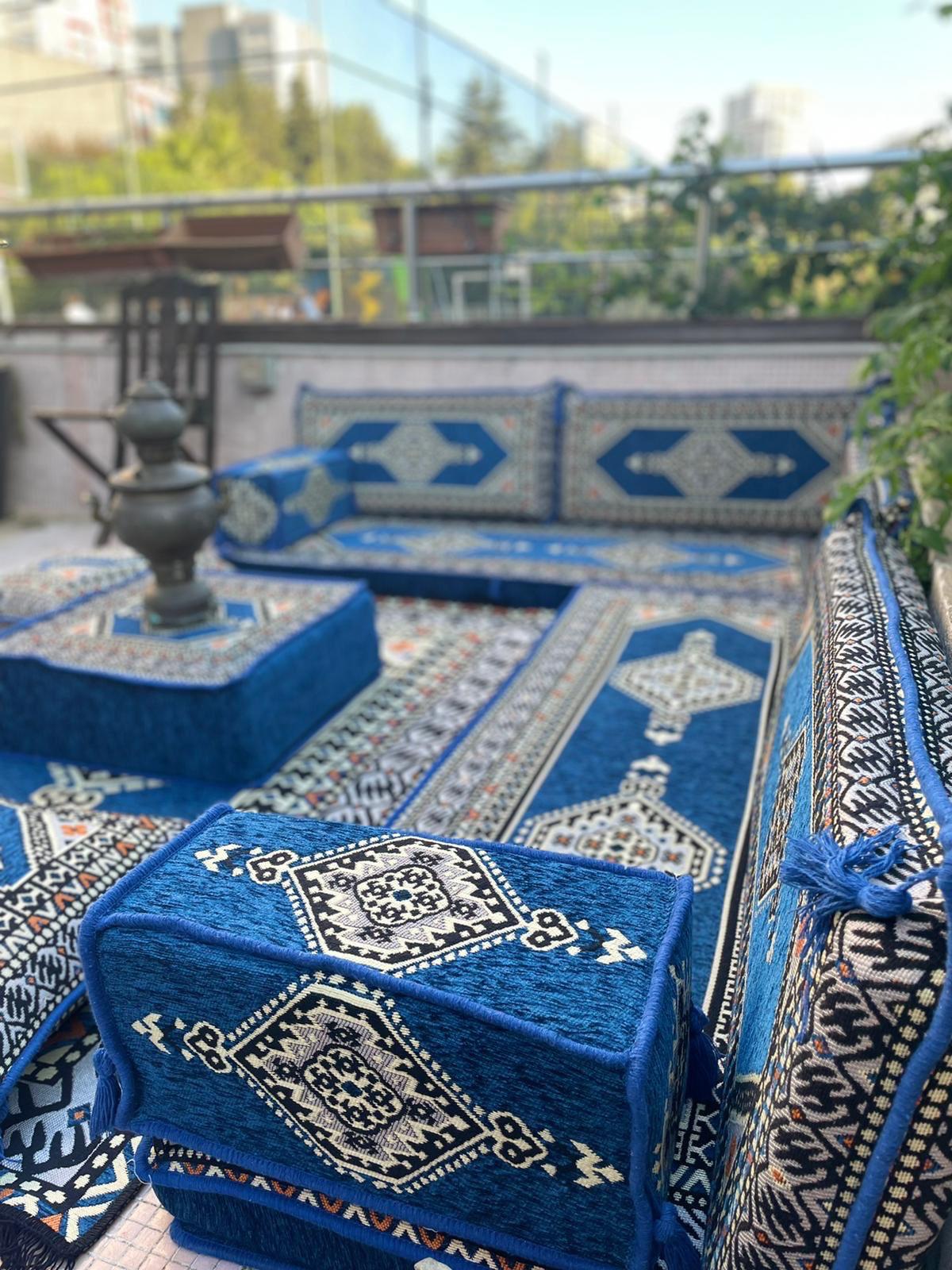 Blue L-Shaped Sofa Set, Turkish Palace Floor Seating Sectional Modular Couch Set