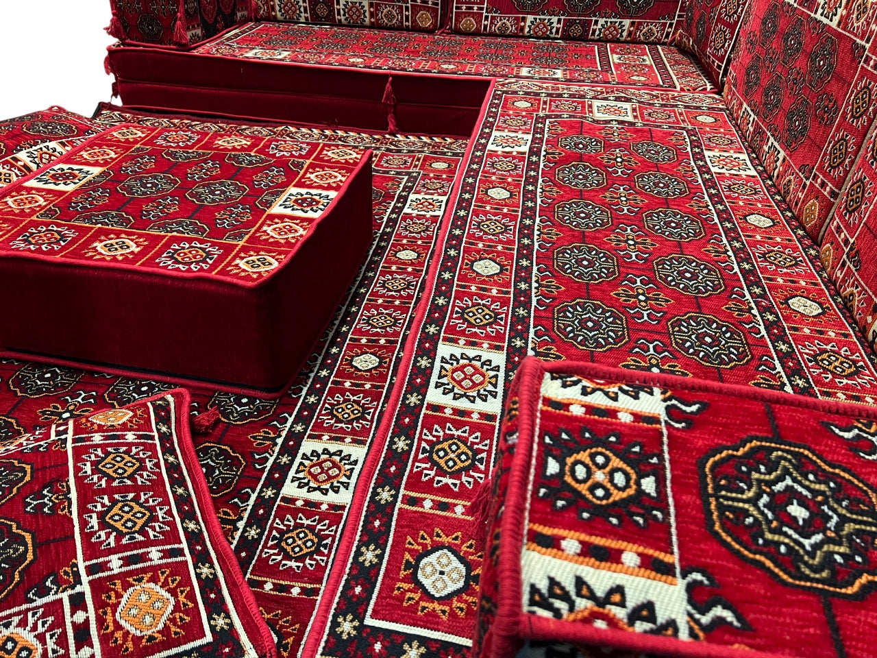 Red L-Shaped Sofa Set, Bukhara Floor Seating Sectional Modular Couch Set (Copy)