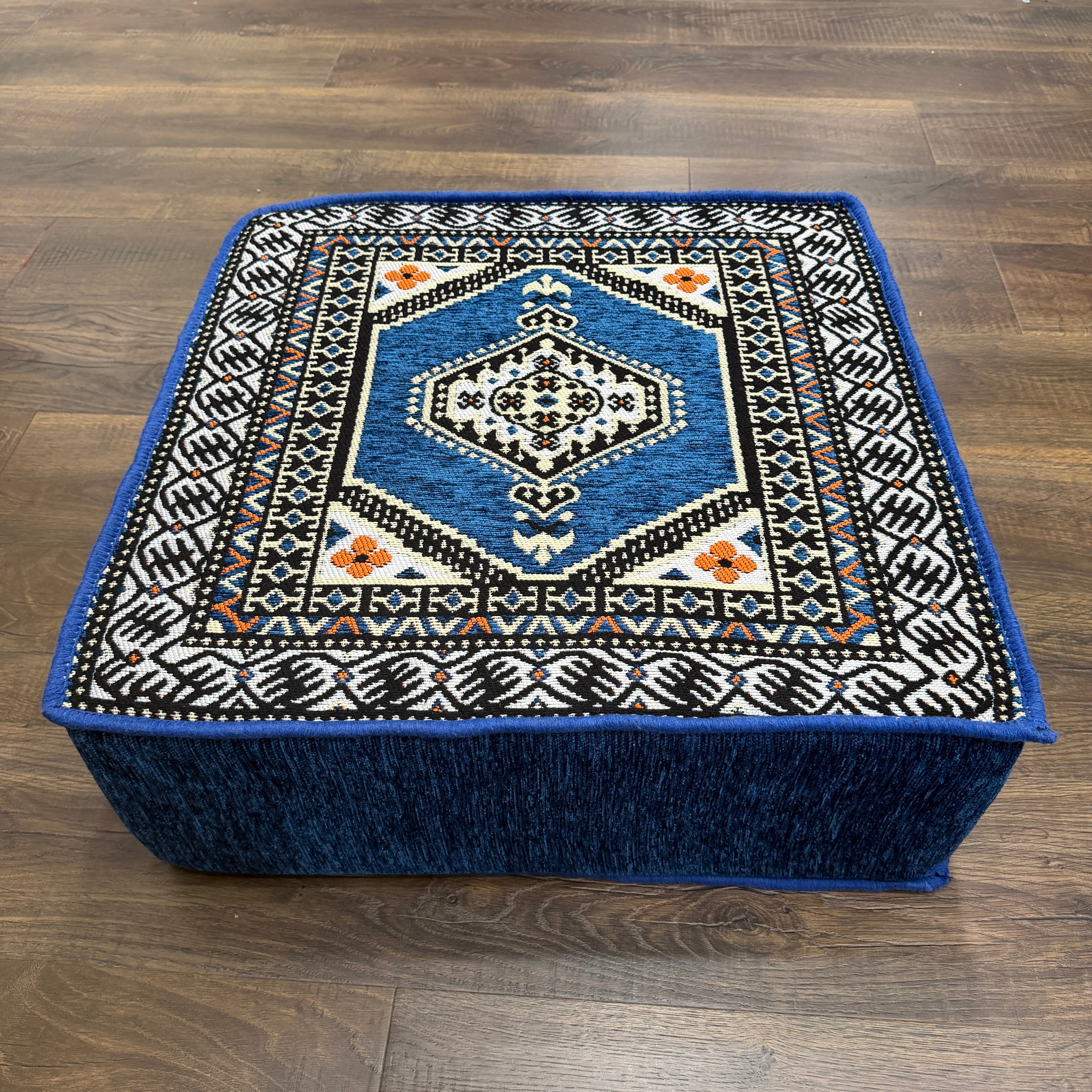 Blue L-Shaped Sofa Set, Turkish Palace Floor Seating Sectional Modular Couch Set