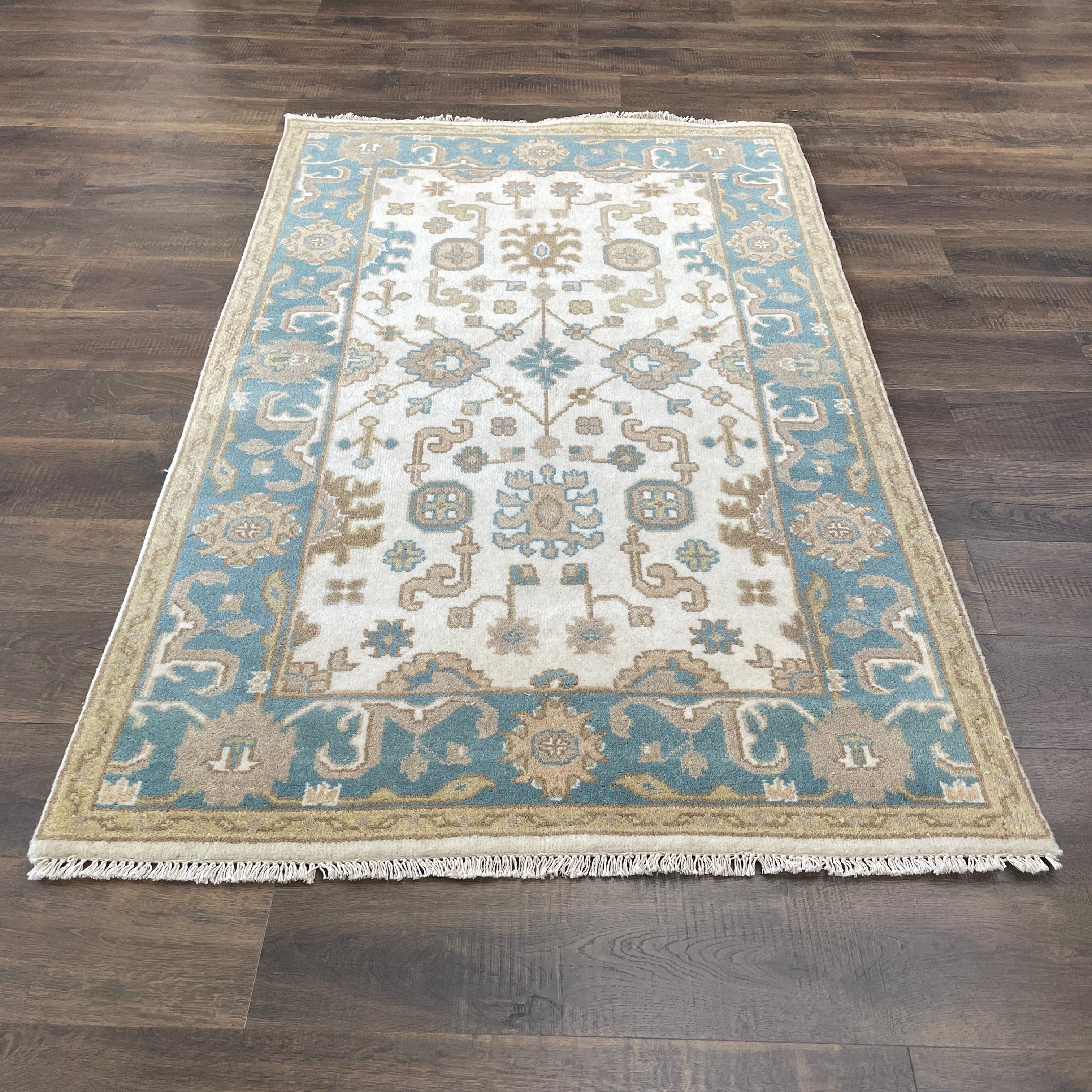 Hand-knotted Wool Rug 4'x6'6", Soft Teal Traditional Oushak Area Rug