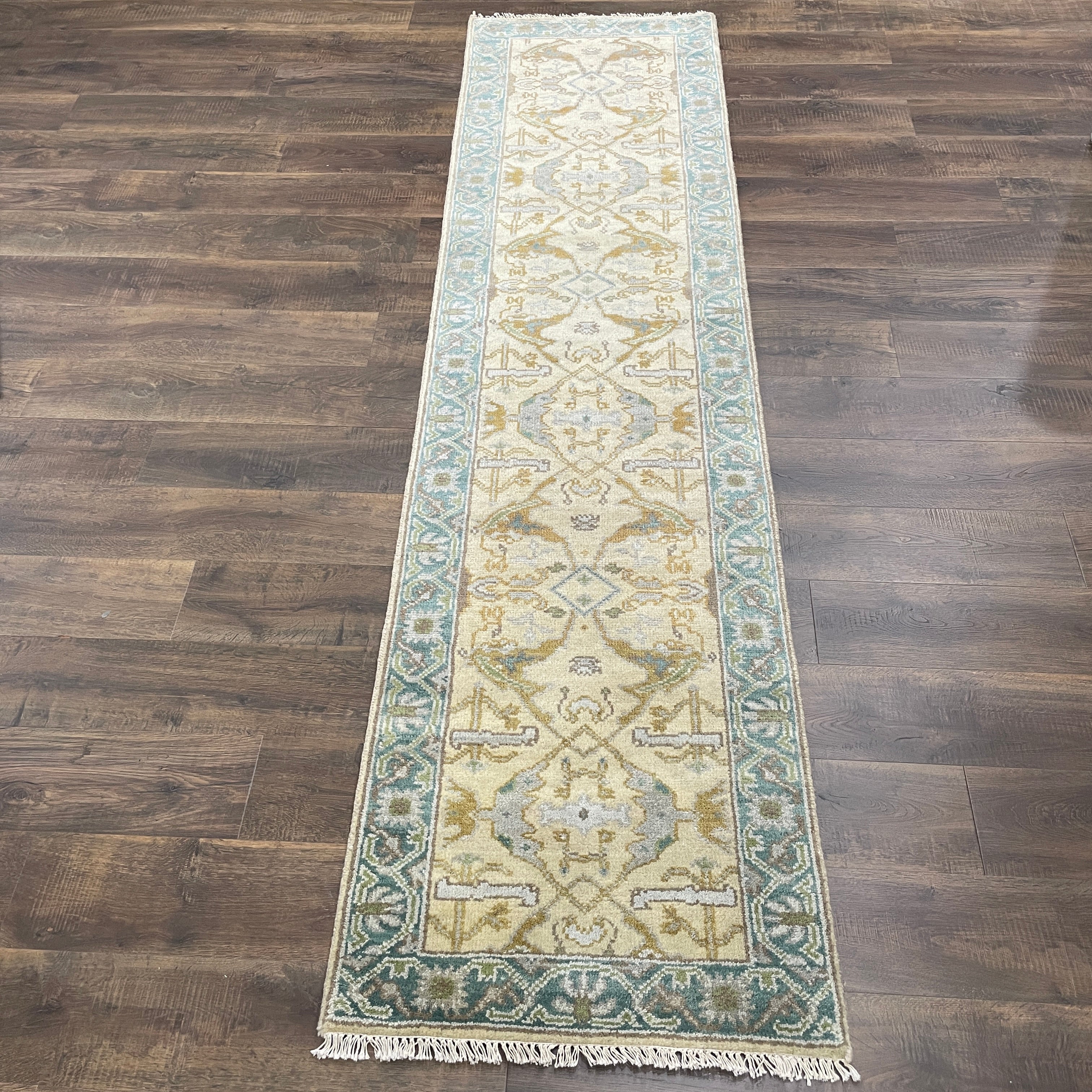 Vintage Turkish Oushak Runner Rug 2'6"x10' – Hand Knotted Wool Hallway Rug, Light Blue & Ivory Long Runner