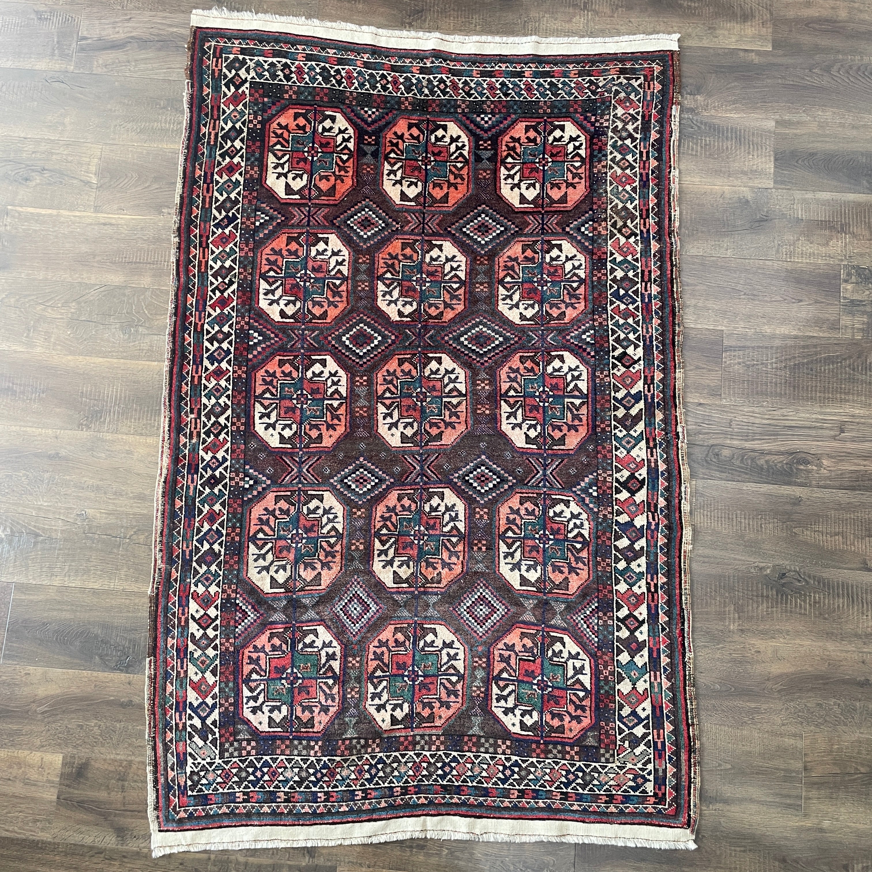 4'3"x7' Hand-knotted Wool Rug | Vintage Style Tribal Geometric Area Rug