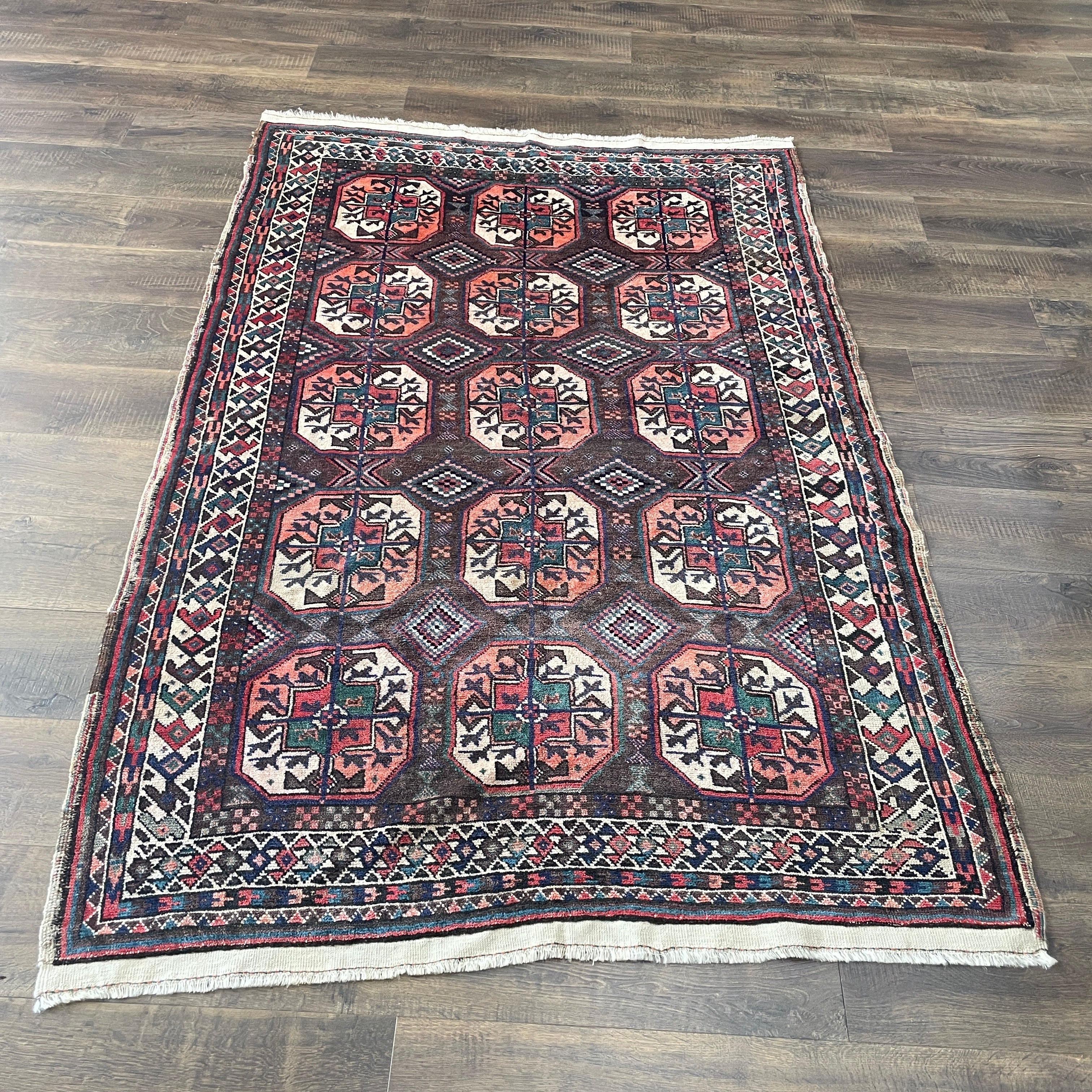4'3"x7' Hand-knotted Wool Rug | Vintage Style Tribal Geometric Area Rug