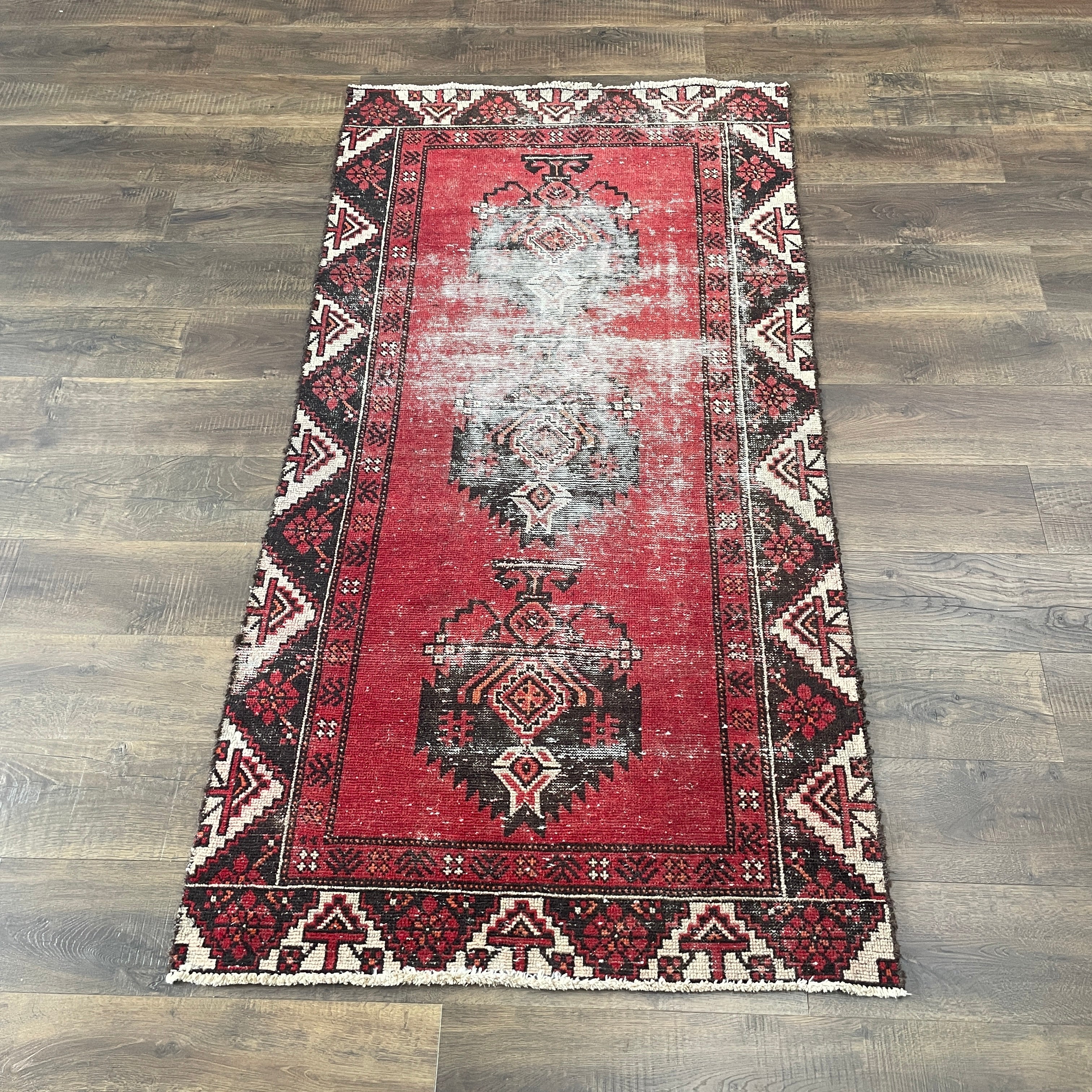 Vintage Hand Knotted Wool Rug 3'5"x6'8" | Red Turkish Runner Rug | Handmade Hallway Runner