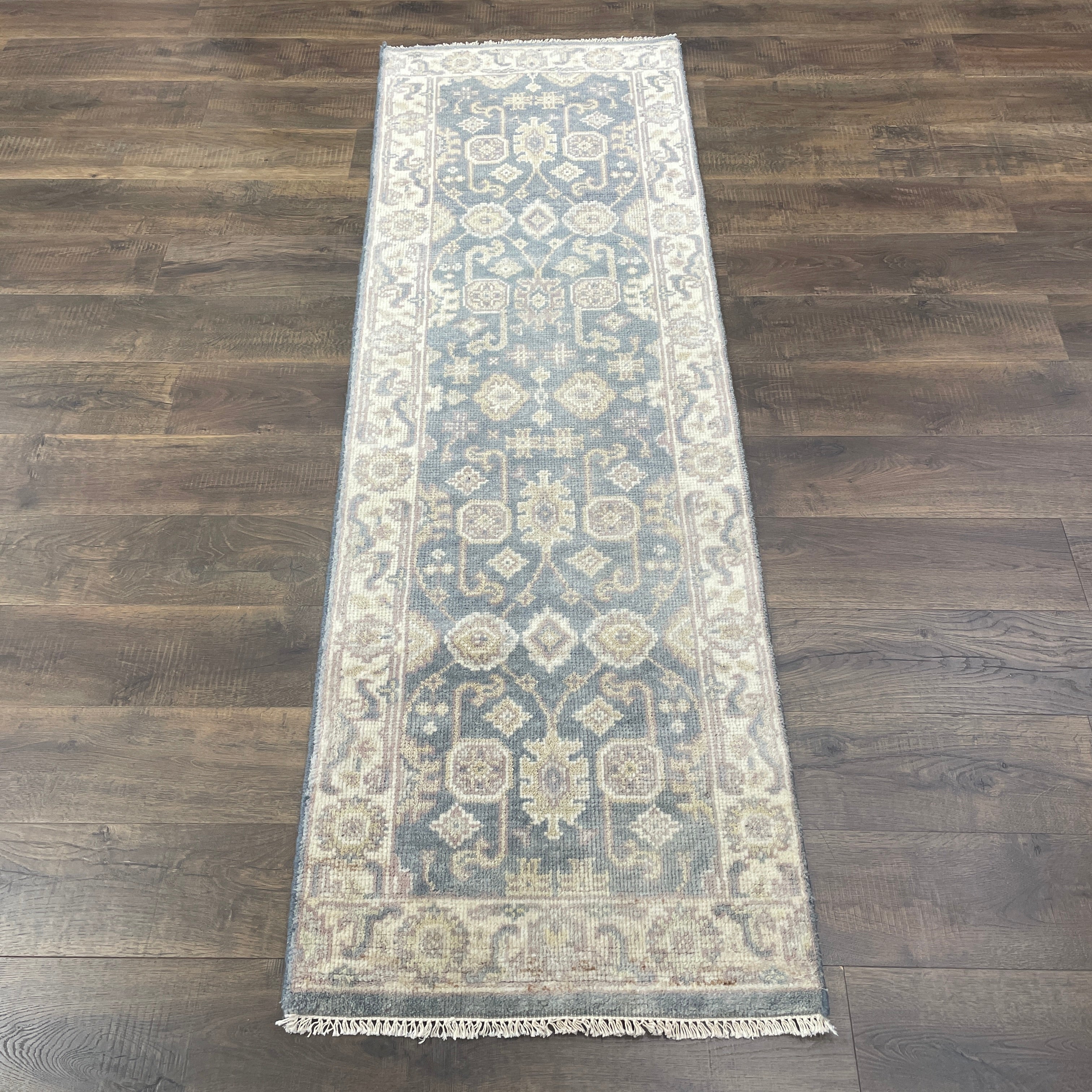 Hand-Knotted Wool Runner Rug 2'5" x 7'8" – Vintage Traditional Slate Blue & Beige Hallway Rug