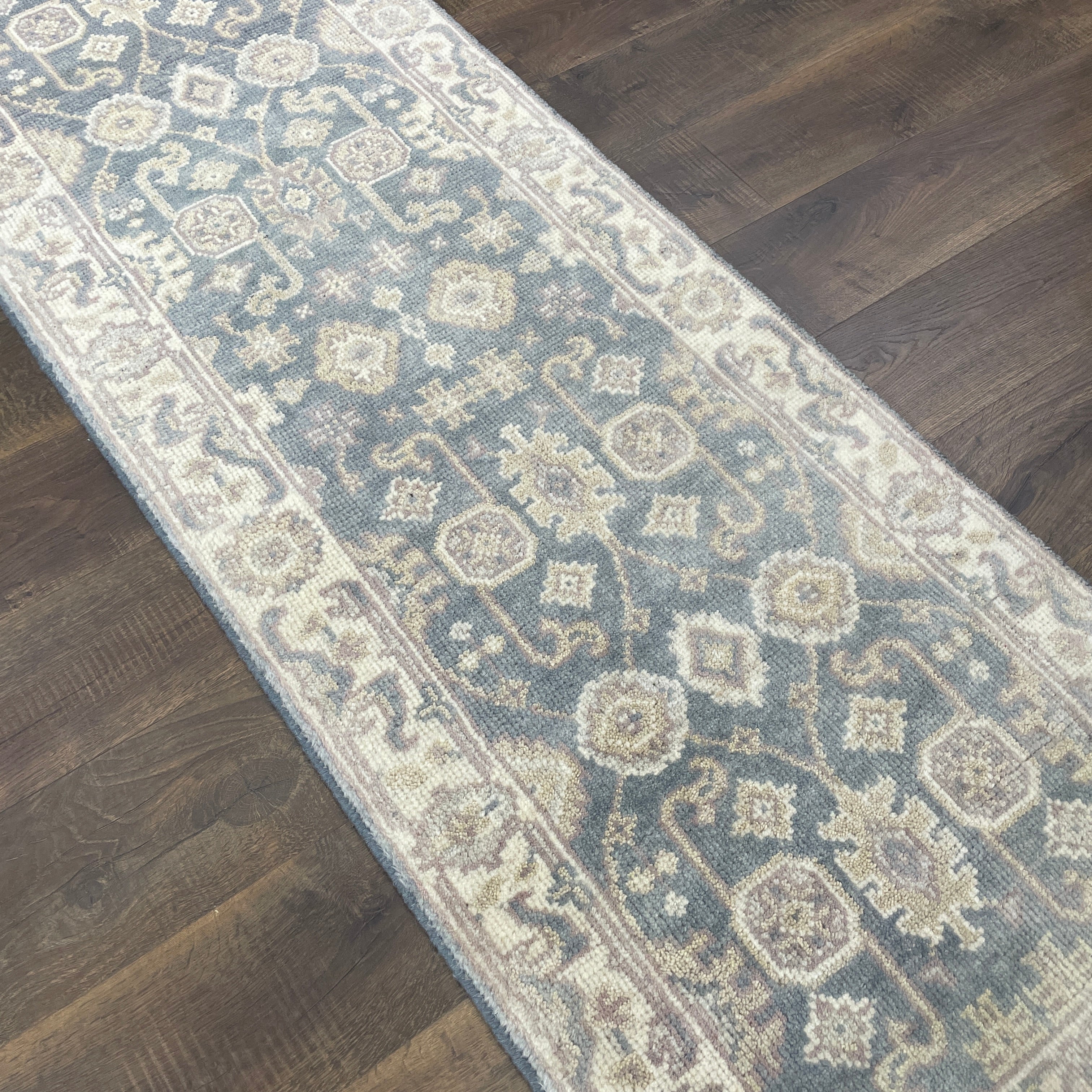 Hand-Knotted Wool Runner Rug 2'5" x 7'8" – Vintage Traditional Slate Blue & Beige Hallway Rug