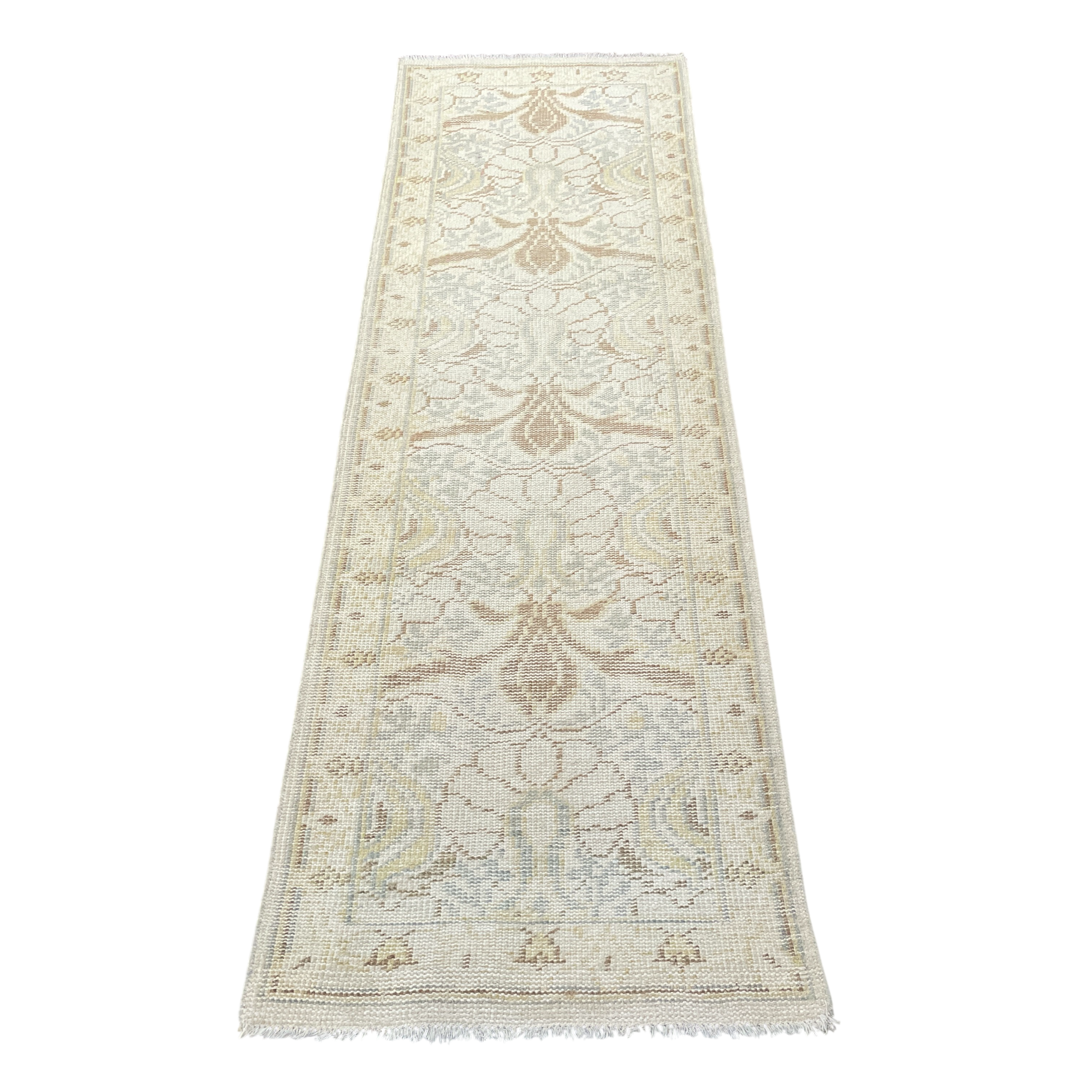 Hand-Knotted Oushak Wool Runner Rug 2'6" x 8' – Vintage Turkish Style in Soft Beige