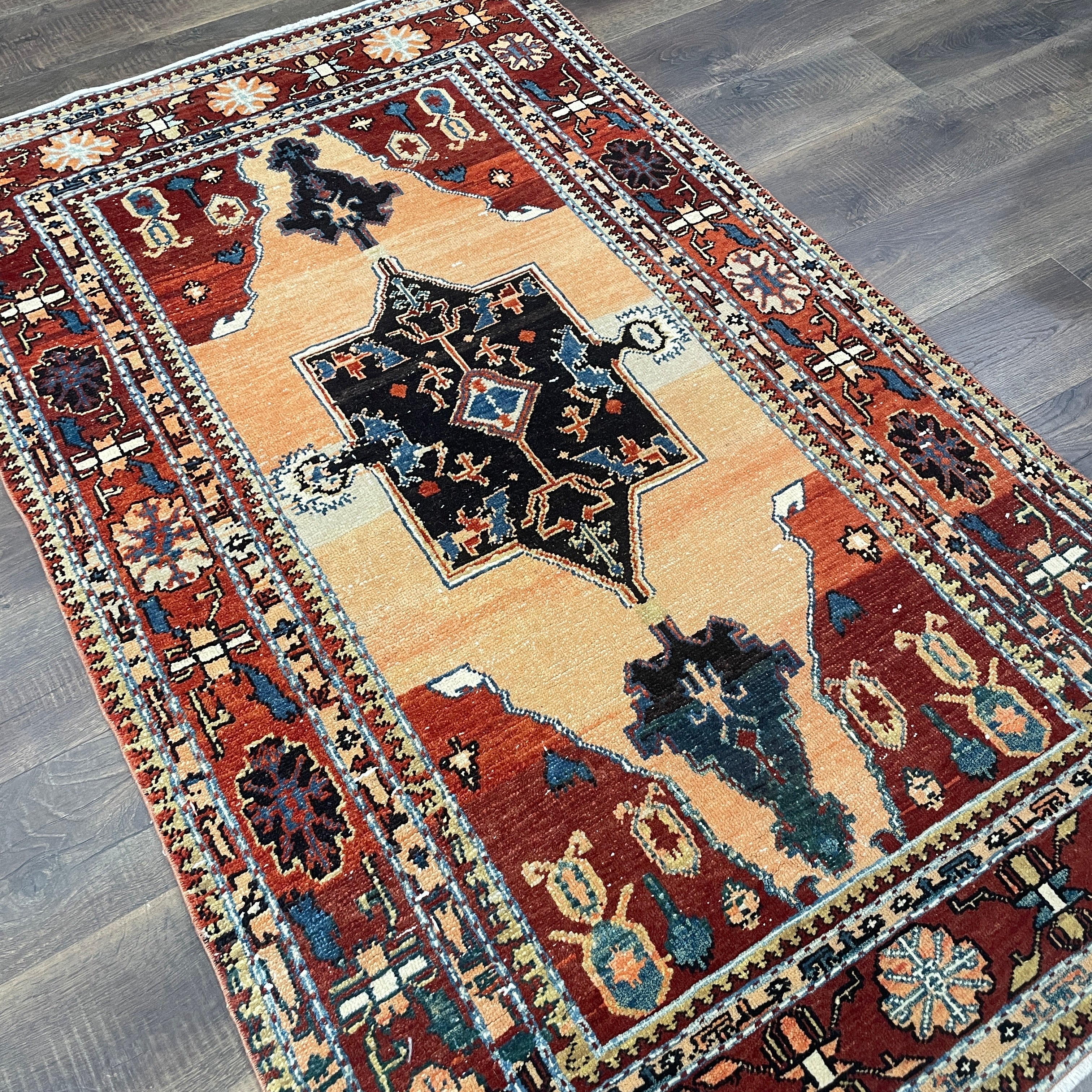 Hand-Knotted Wool Tribal Area Rug 3'8" x 6' – Vintage Caucasian Persian Style Rust & Terracotta Accent Rug