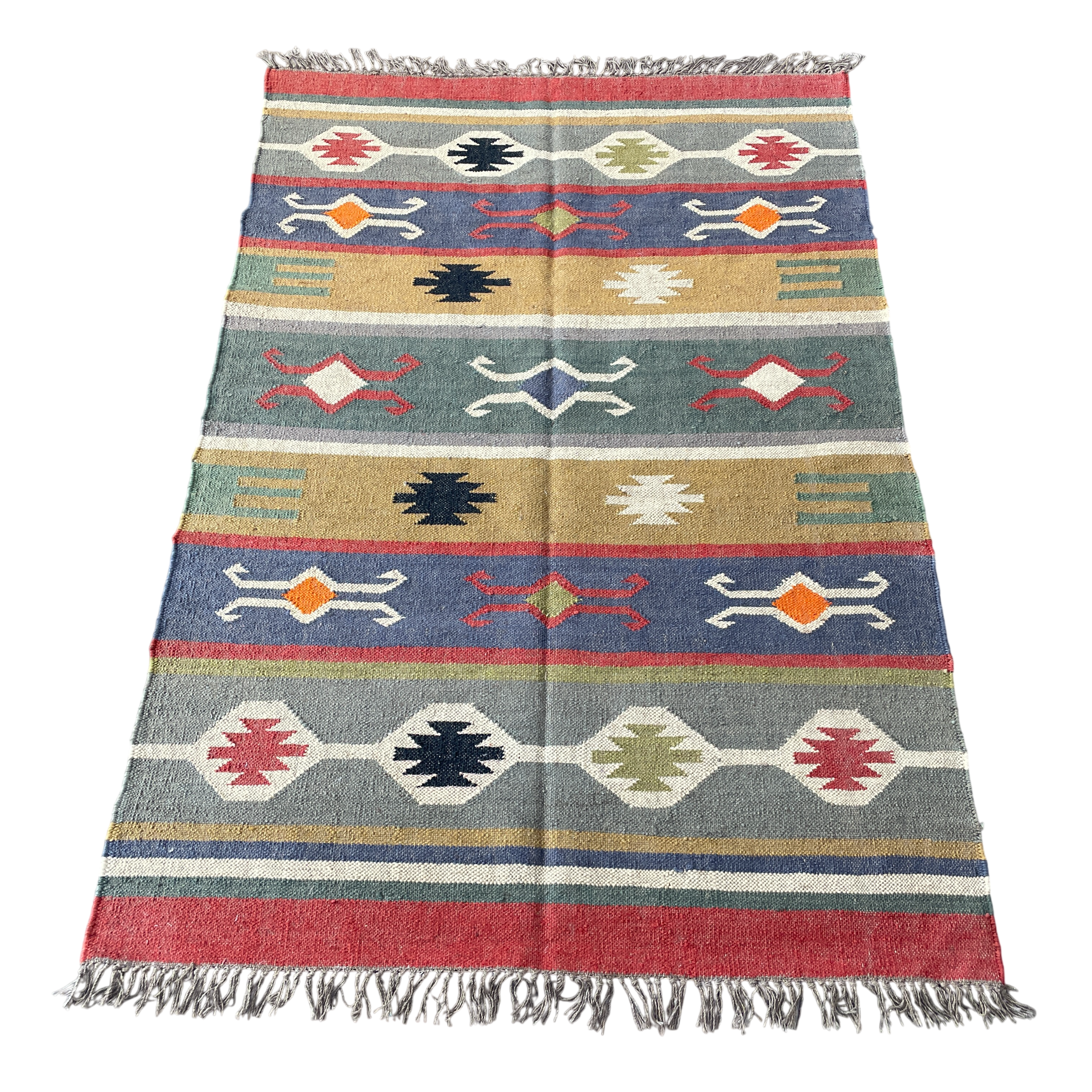 4'x6' Hand-Knotted Wool Kilim Rug | Geometric Tribal Flatweave Area Rug