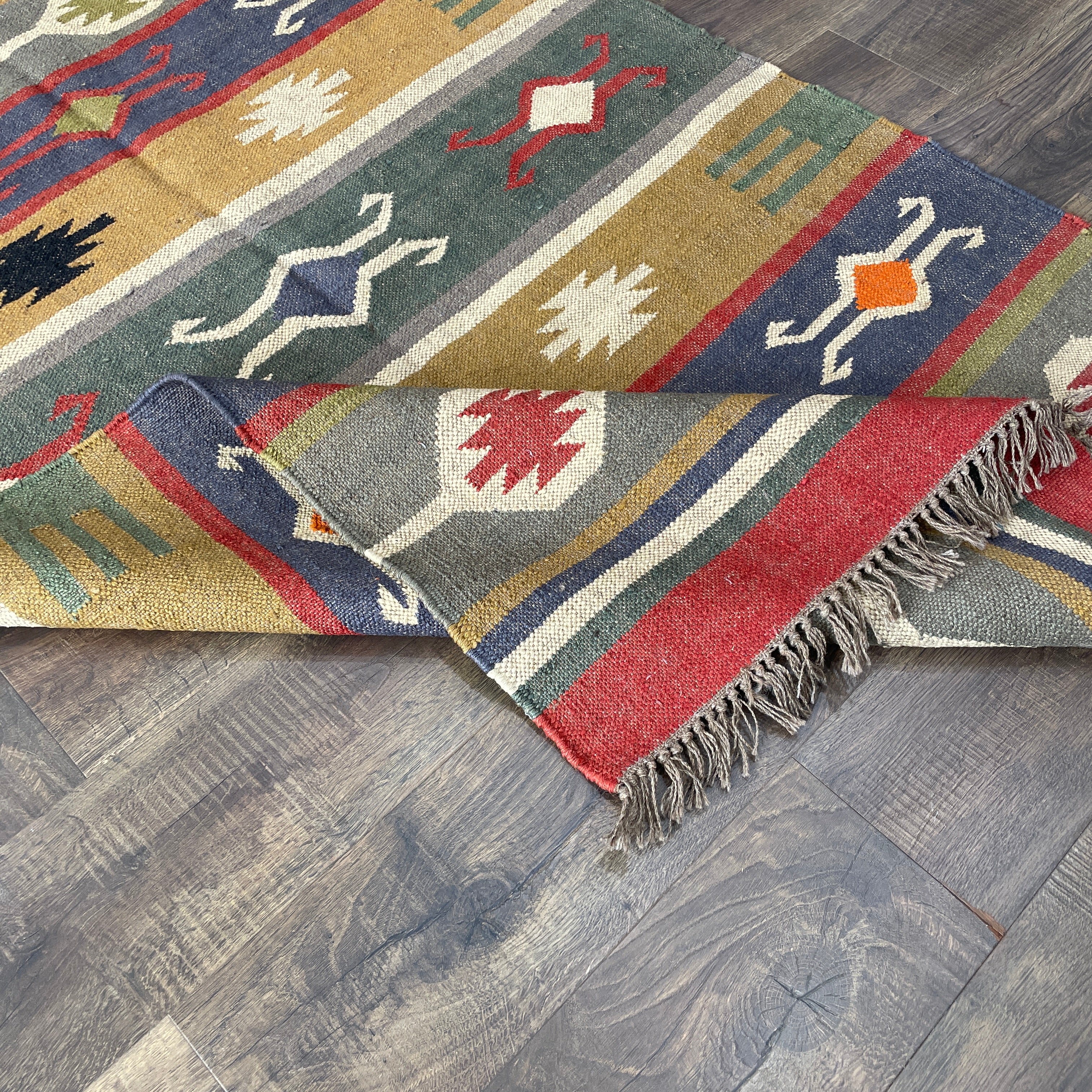 4'x6' Hand-Knotted Wool Kilim Rug | Geometric Tribal Flatweave Area Rug