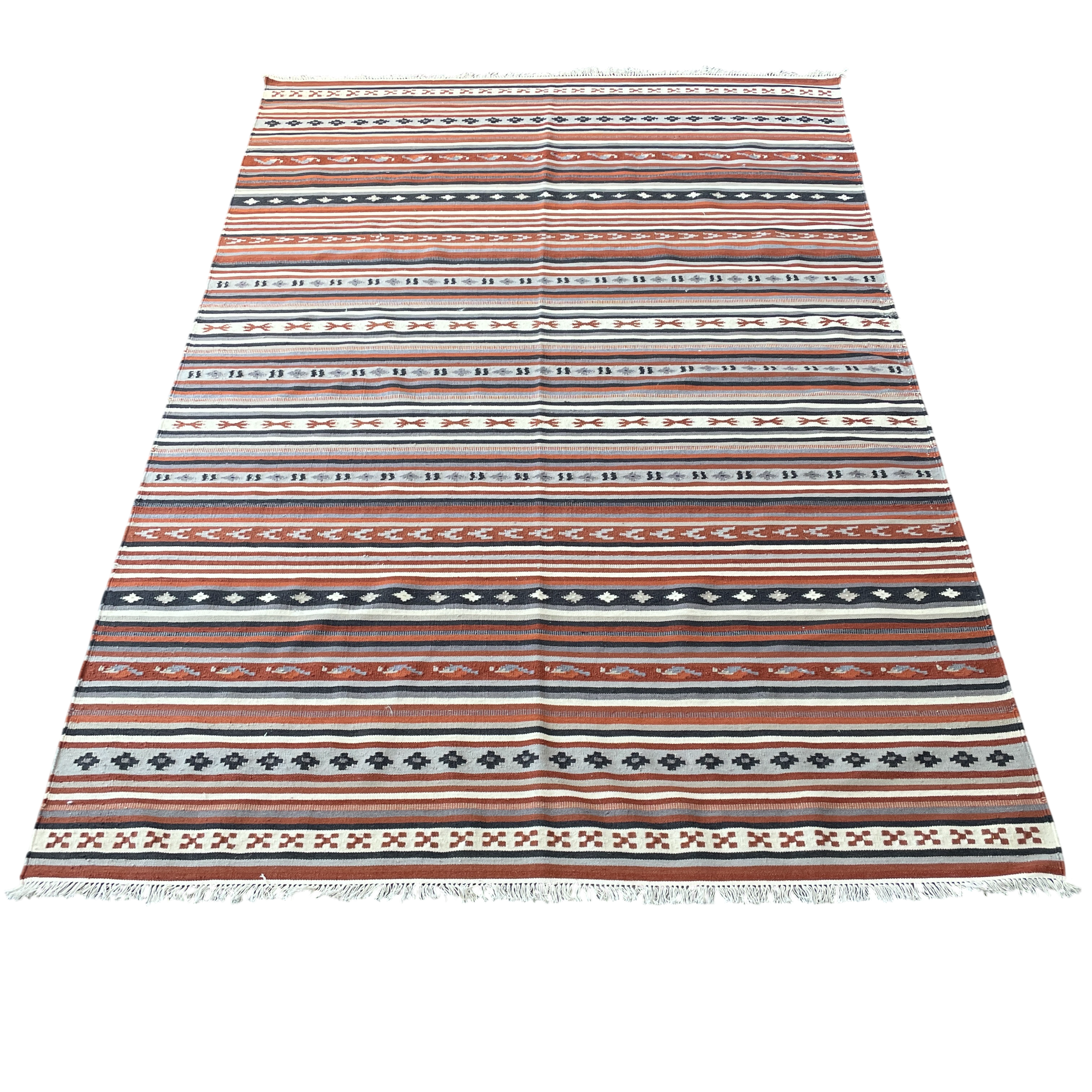 5'7"x8' Hand-Knotted Wool Kilim Rug | Terracotta and Charcoal Striped Flatweave