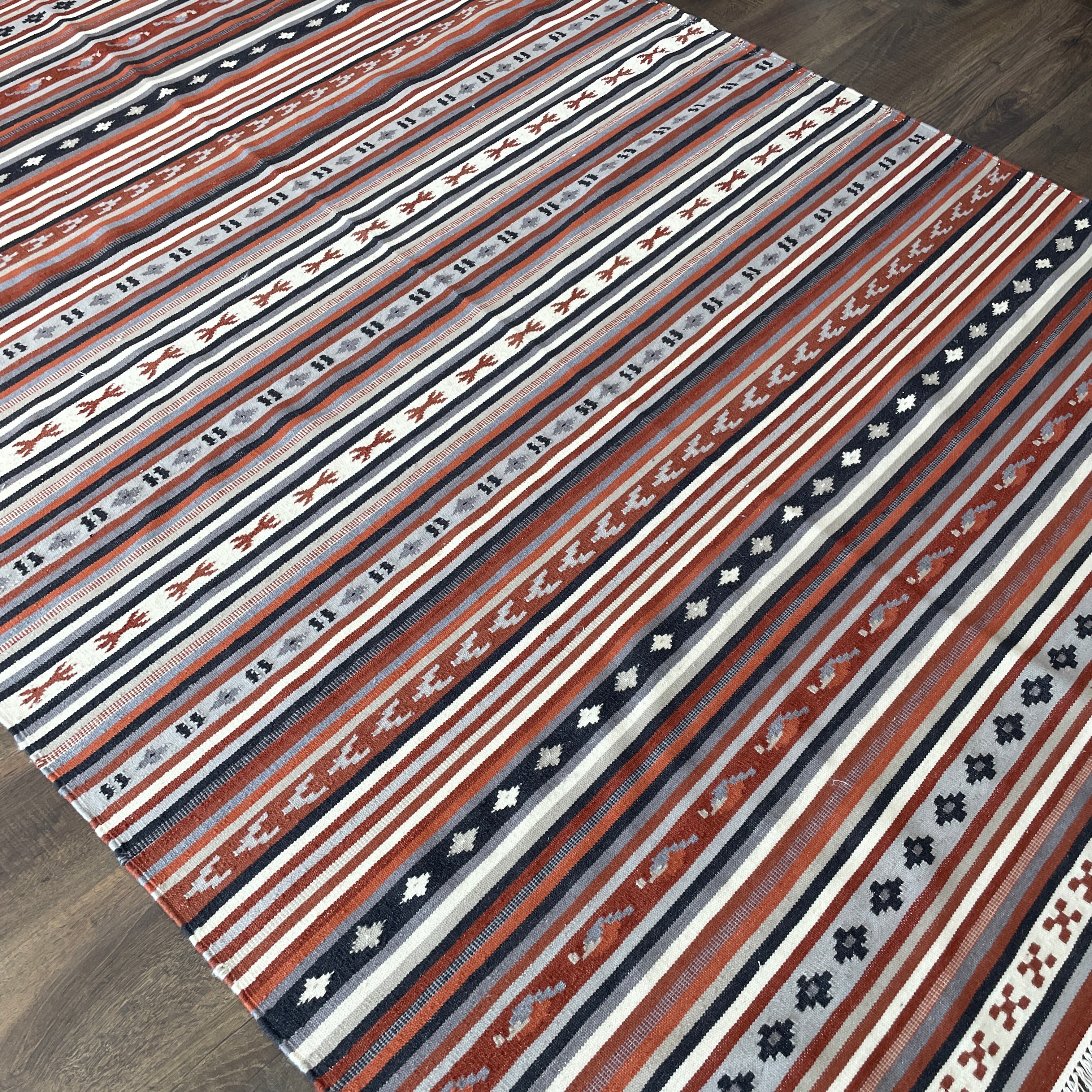 5'7"x8' Hand-Knotted Wool Kilim Rug | Terracotta and Charcoal Striped Flatweave