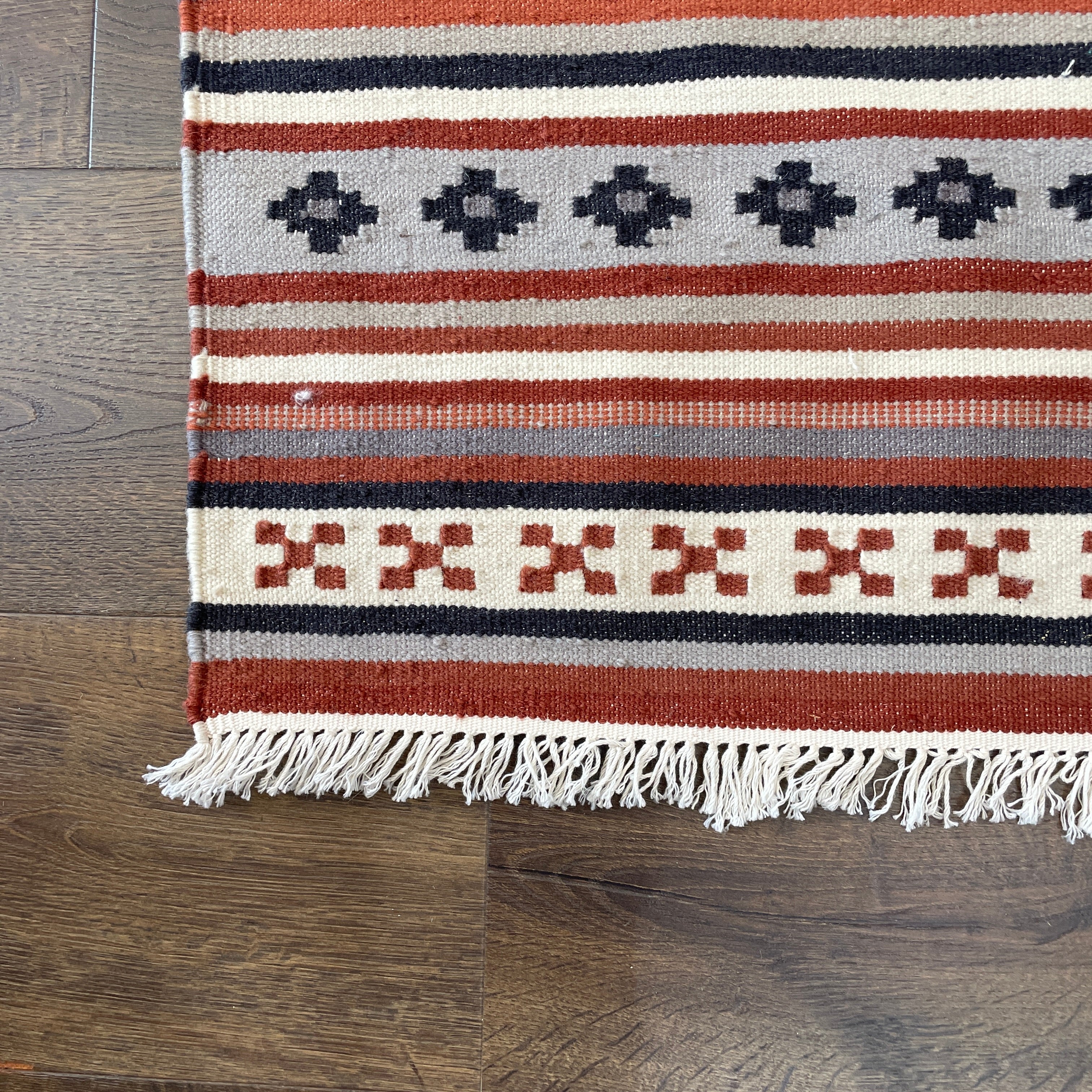5'7"x8' Hand-Knotted Wool Kilim Rug | Terracotta and Charcoal Striped Flatweave