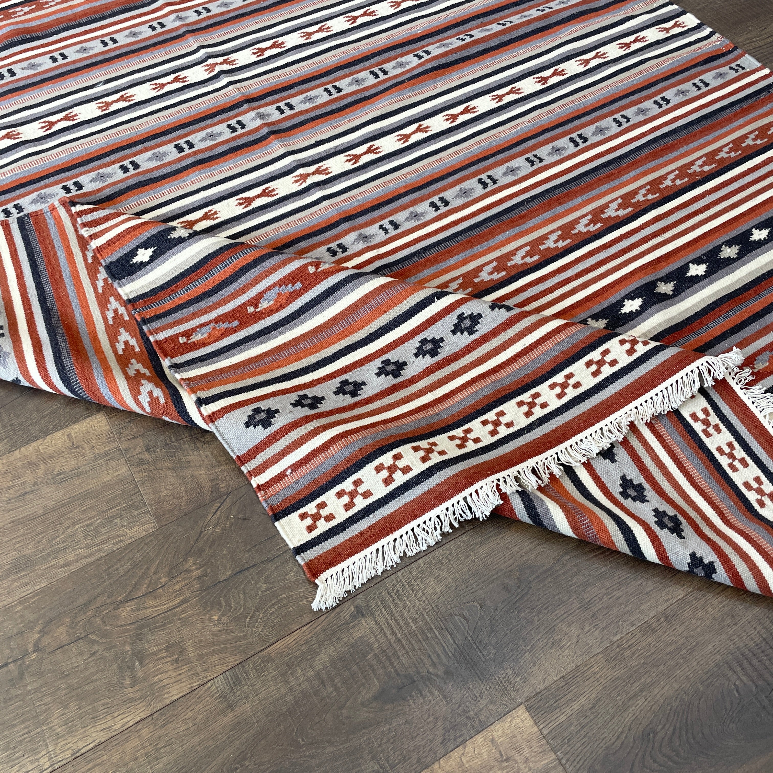 5'7"x8' Hand-Knotted Wool Kilim Rug | Terracotta and Charcoal Striped Flatweave