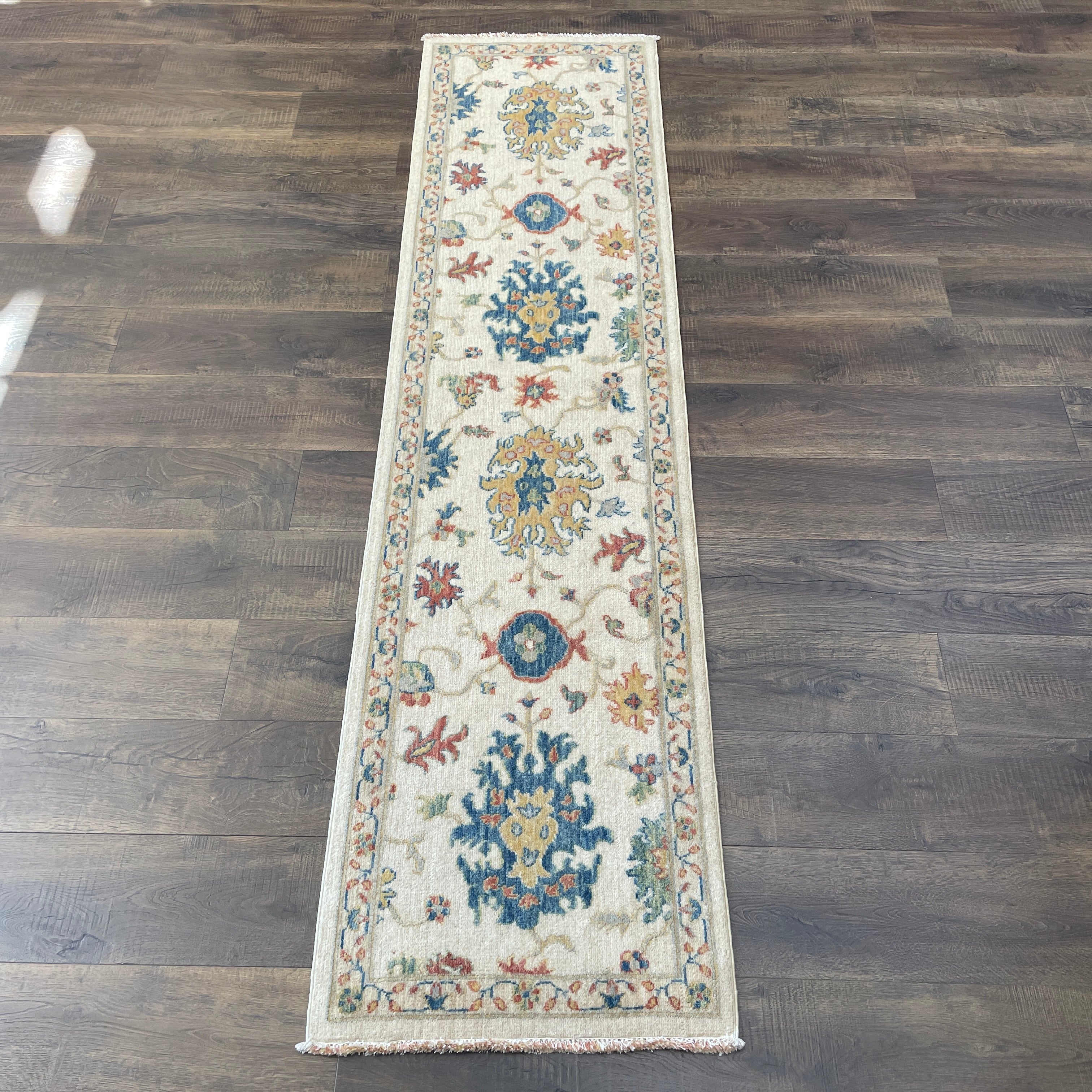 Hand-Spun Vegetable Dye Ivory Floral Runner Rug, 2' x 8'