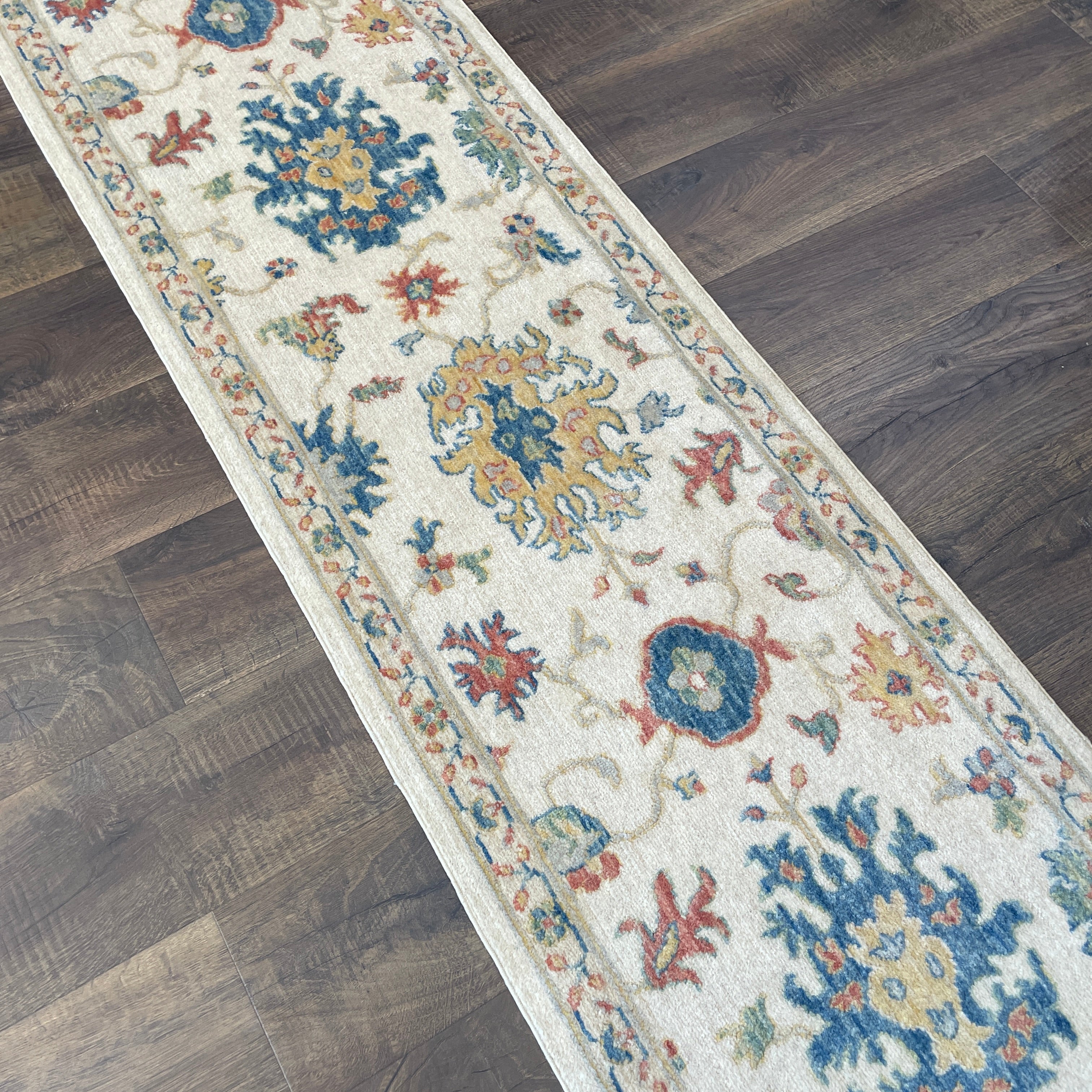 Hand-Spun Vegetable Dye Ivory Floral Runner Rug, 2' x 8'