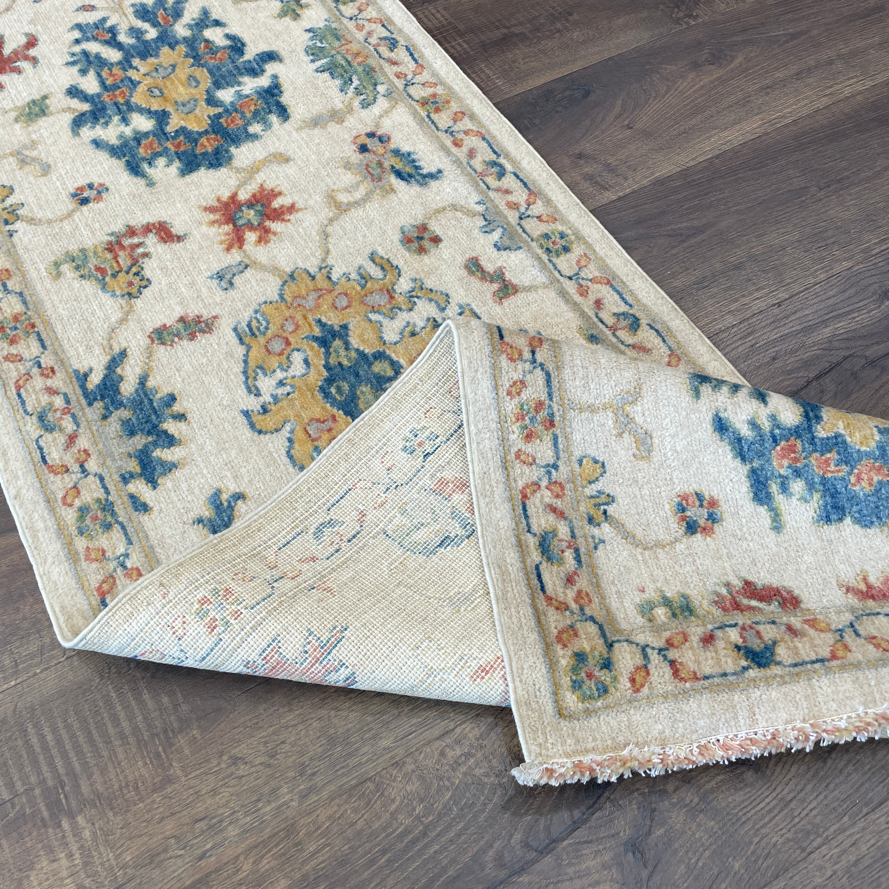 Hand-Spun Vegetable Dye Ivory Floral Runner Rug, 2' x 8'
