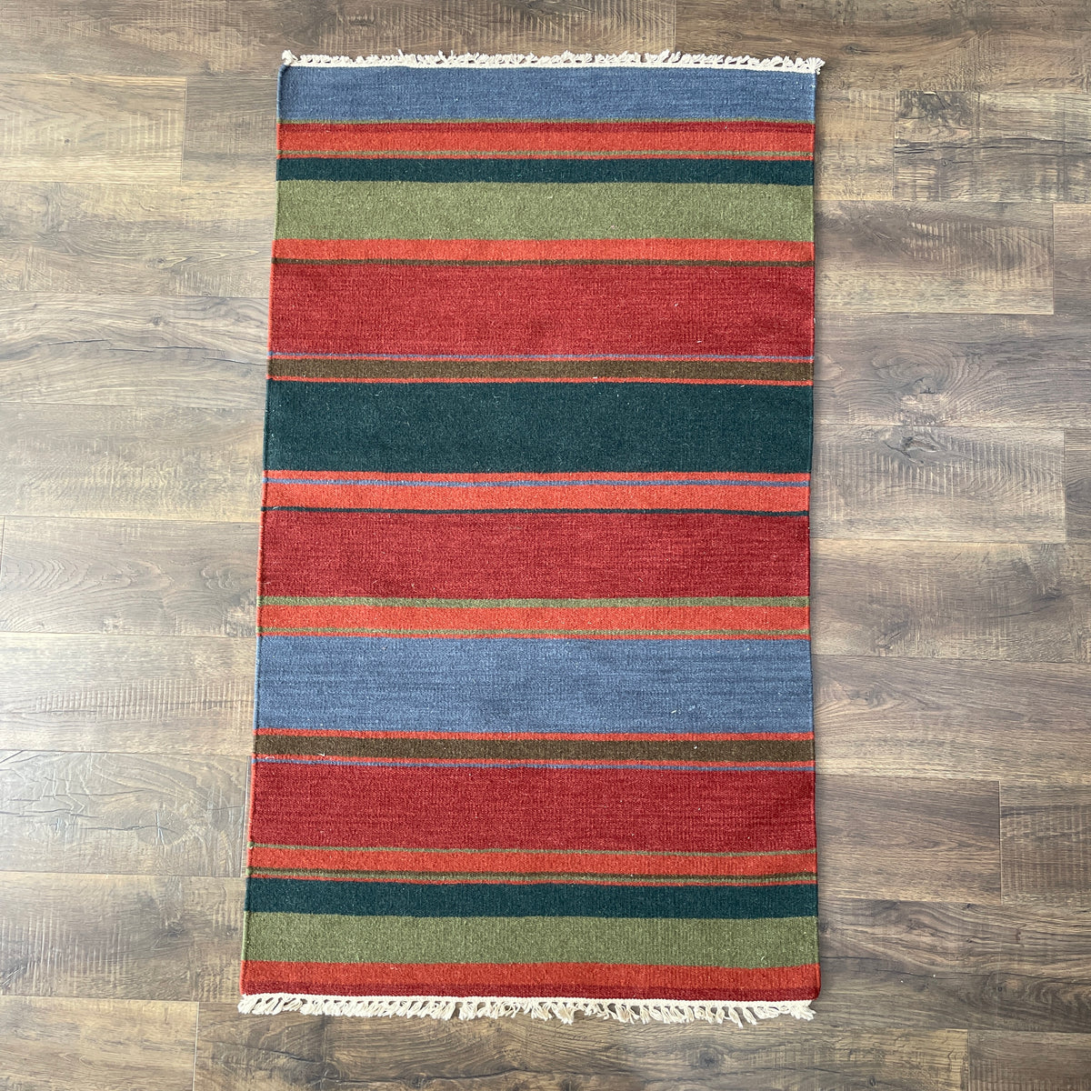 3'x5' Striped Kilim Rug | Flatweave Wool Accent Rug | Red, Blue & Green Boho Serape Style