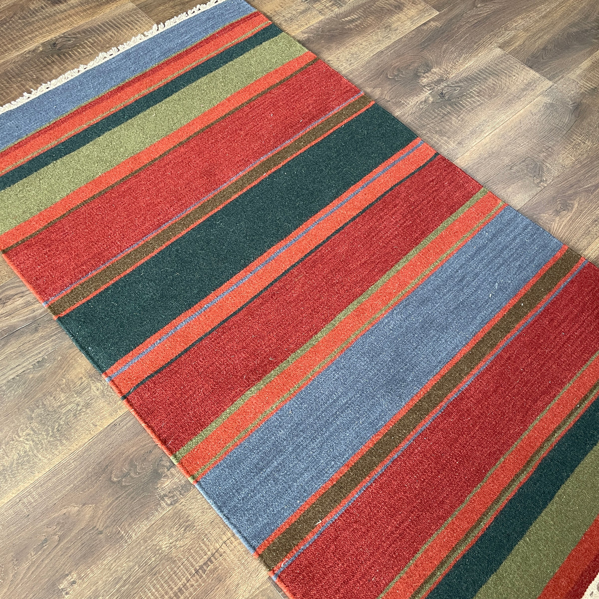 3'x5' Striped Kilim Rug | Flatweave Wool Accent Rug | Red, Blue & Green Boho Serape Style