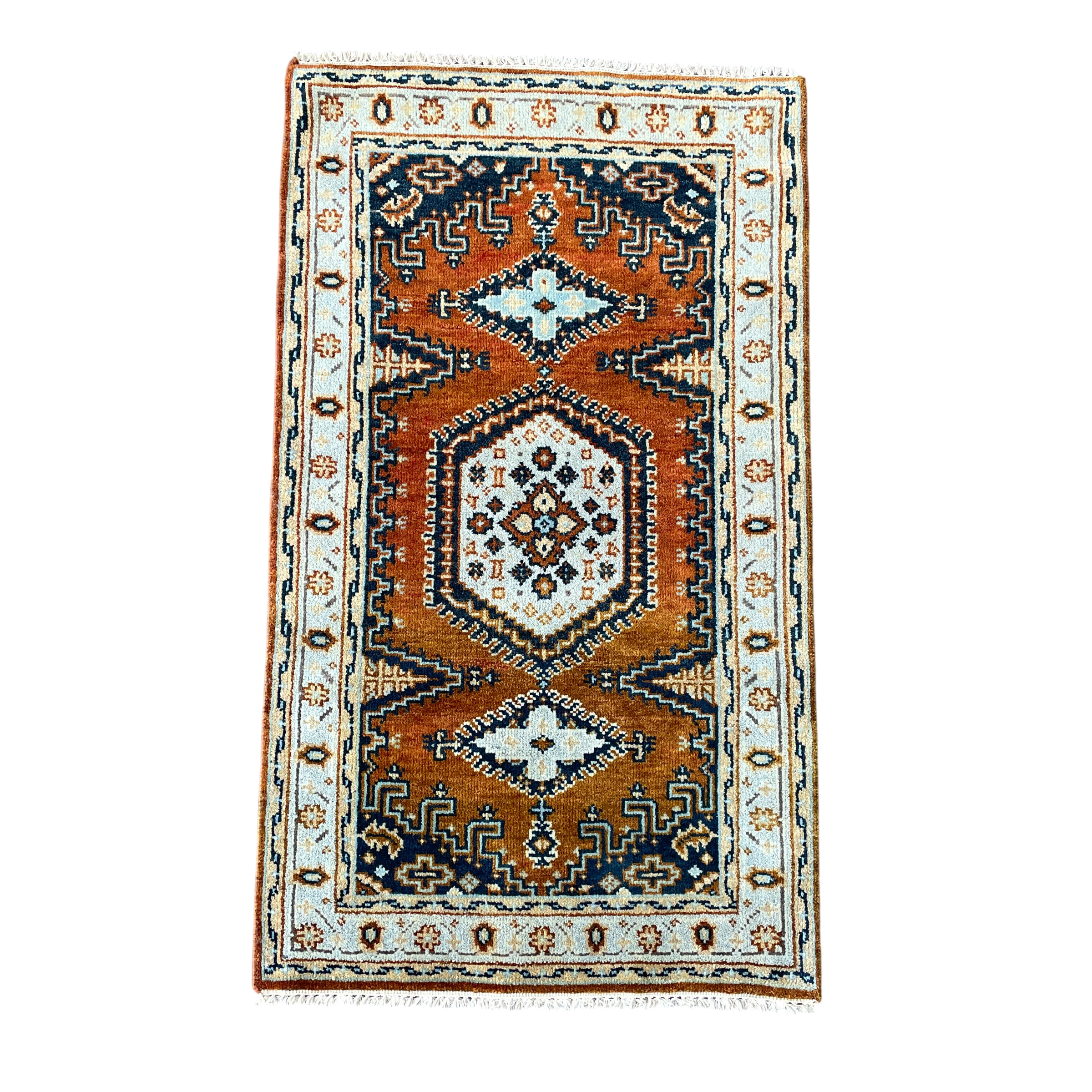 Hand Knotted Wool Rug 3x5, Vintage Style Rust & Navy Caucasian Tribal Area Rug