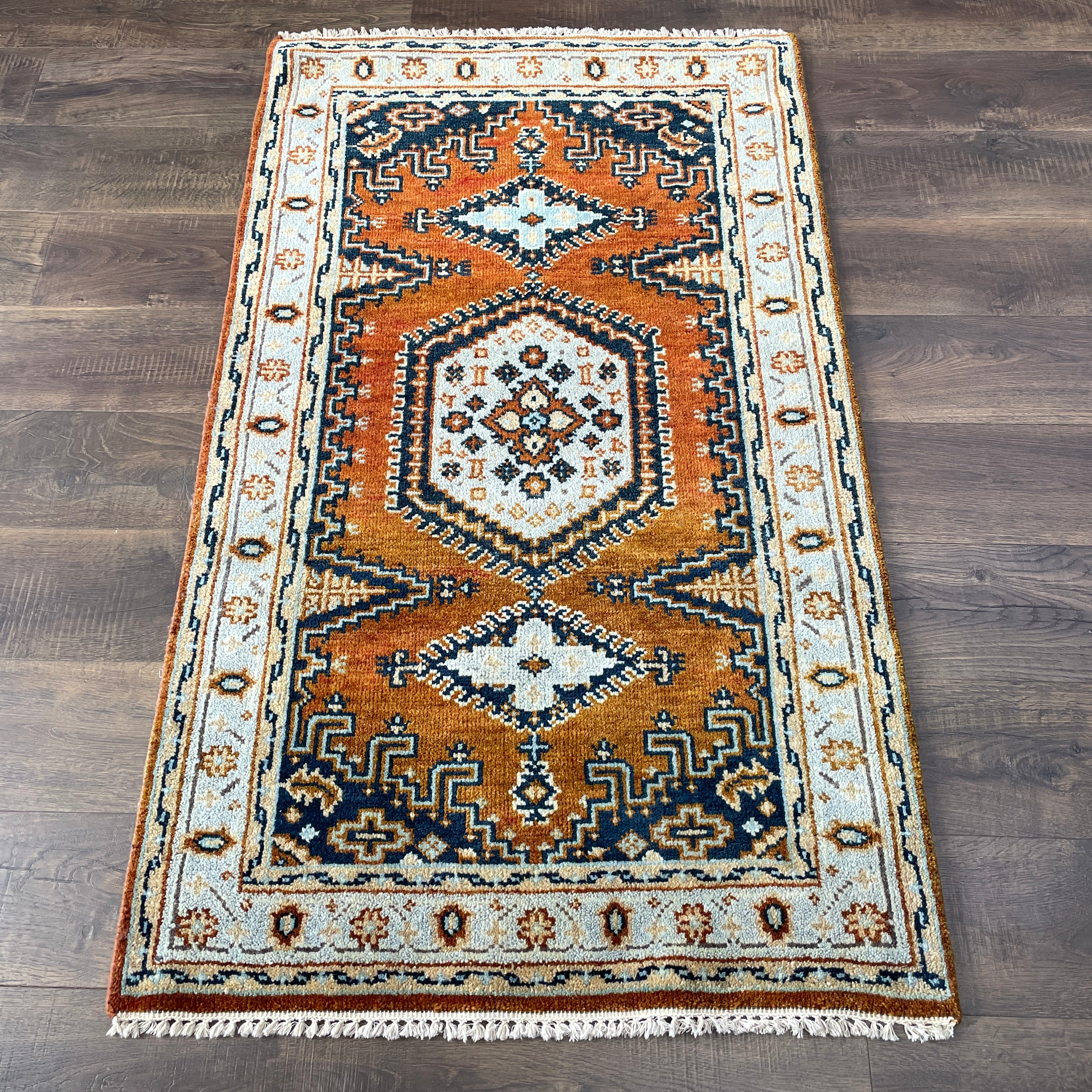 Hand Knotted Wool Rug 3x5, Vintage Style Rust & Navy Caucasian Tribal Area Rug
