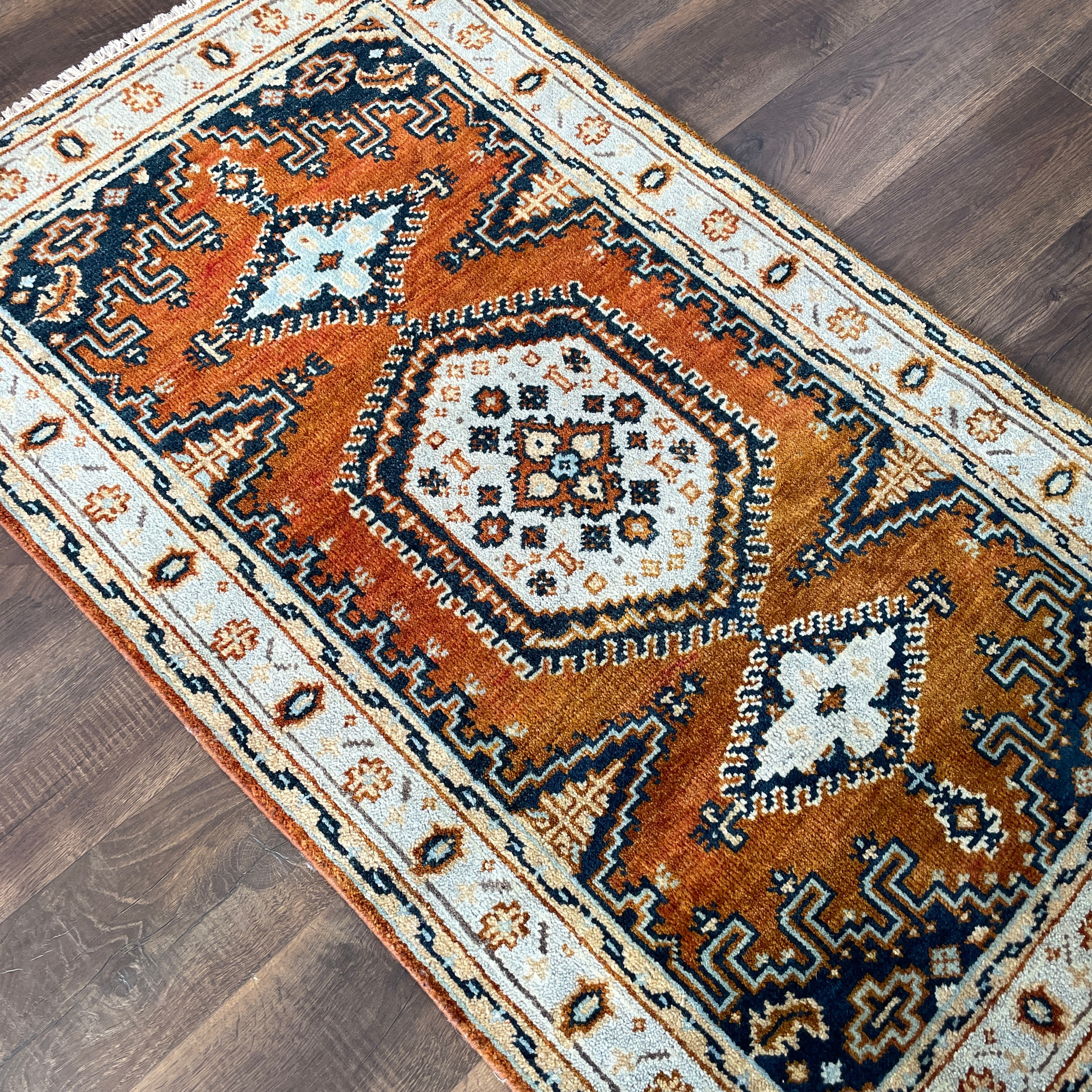 Hand Knotted Wool Rug 3x5, Vintage Style Rust & Navy Caucasian Tribal Area Rug
