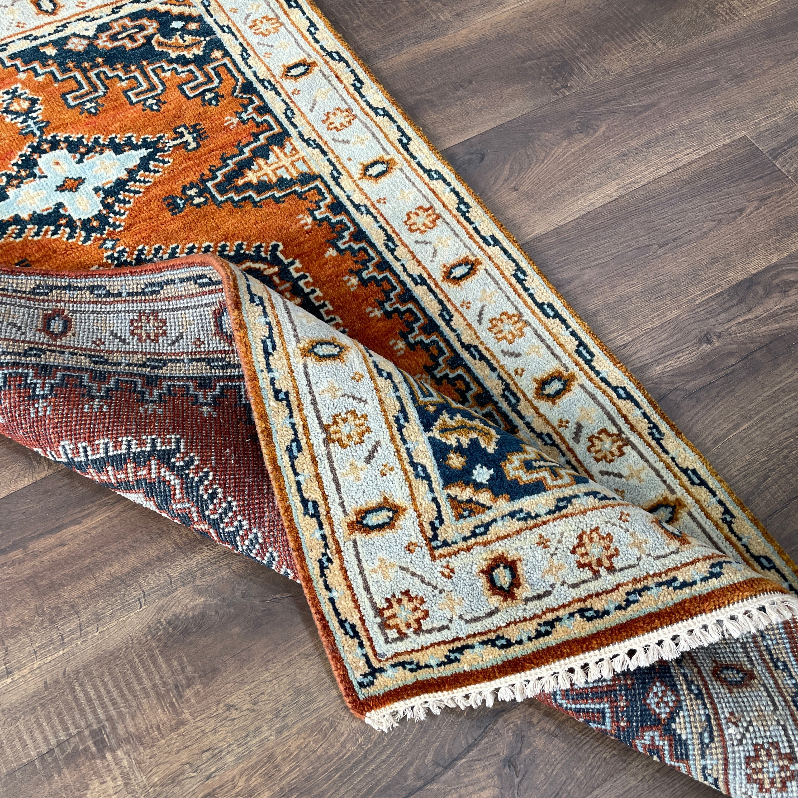 Hand Knotted Wool Rug 3x5, Vintage Style Rust & Navy Caucasian Tribal Area Rug
