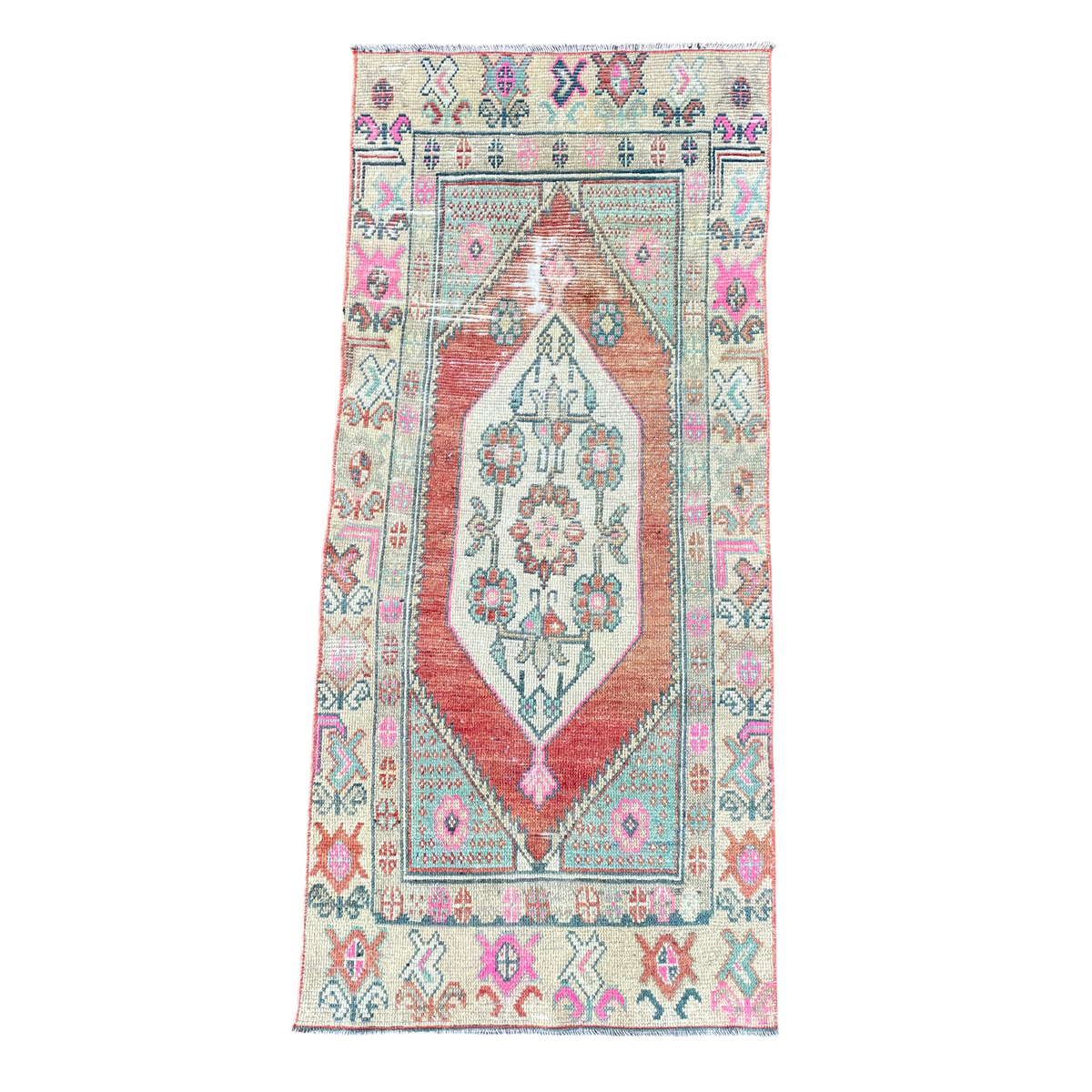 Vintage Turkish Runner Rug, 2'5" x 5'4" Hand Knotted Wool Rug, Pastel Coral and Coral, Mint, and Pastel Pink Oushak Medallion