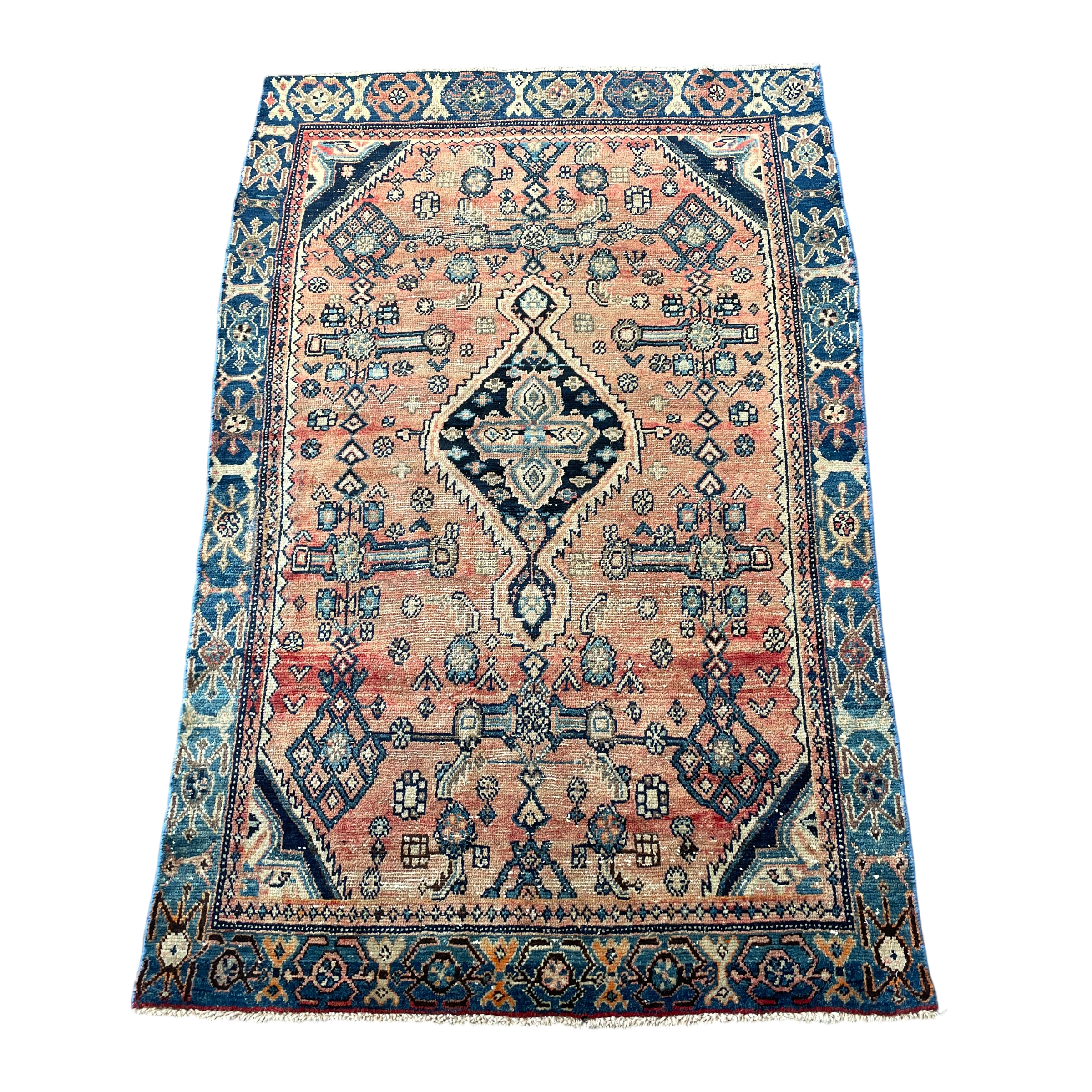 Hand-Knotted Geometric Wool Area Rug 4'1"x6'6" | Vintage Style Peach and Navy Blue Rug