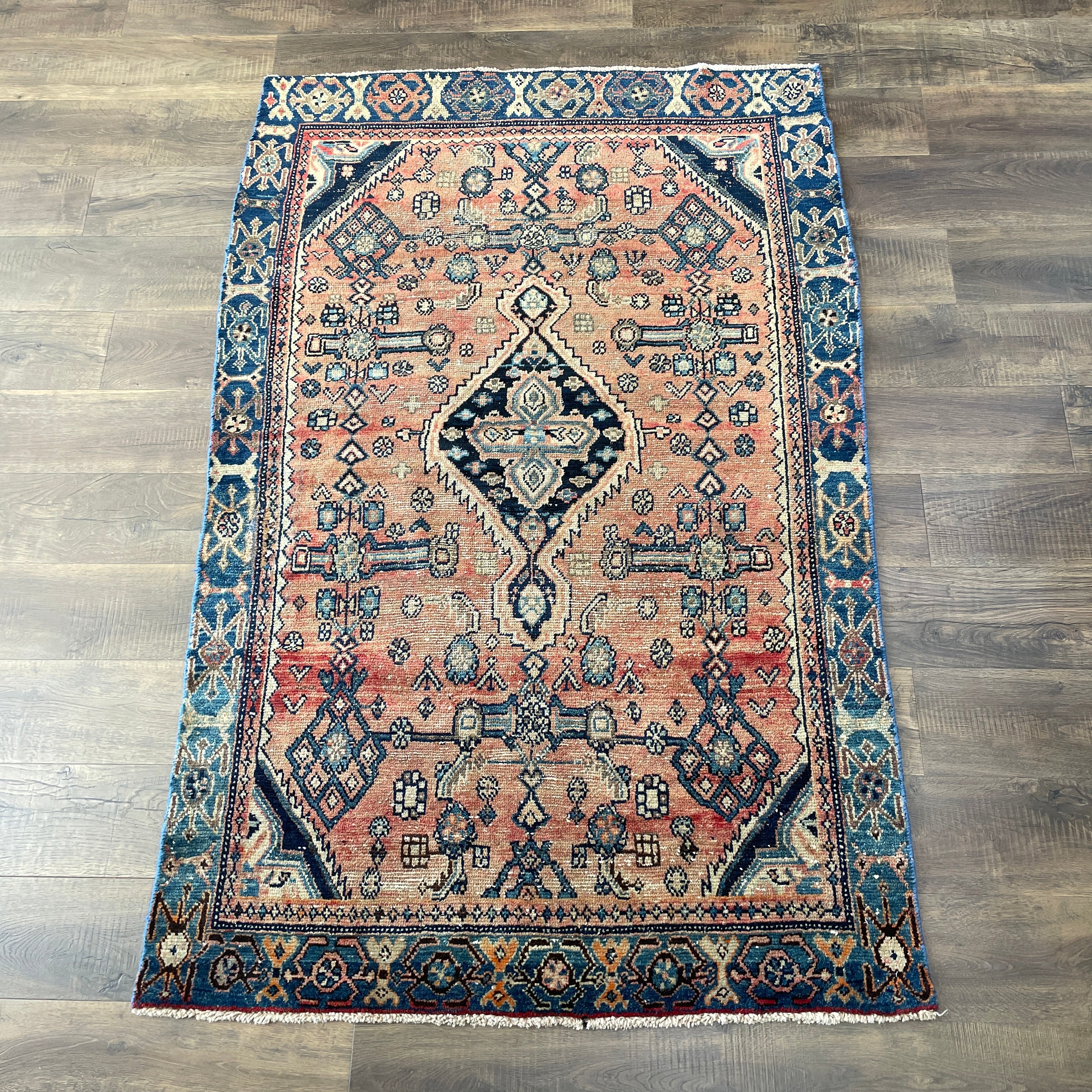 Hand-Knotted Geometric Wool Area Rug 4'1"x6'6" | Vintage Style Peach and Navy Blue Rug