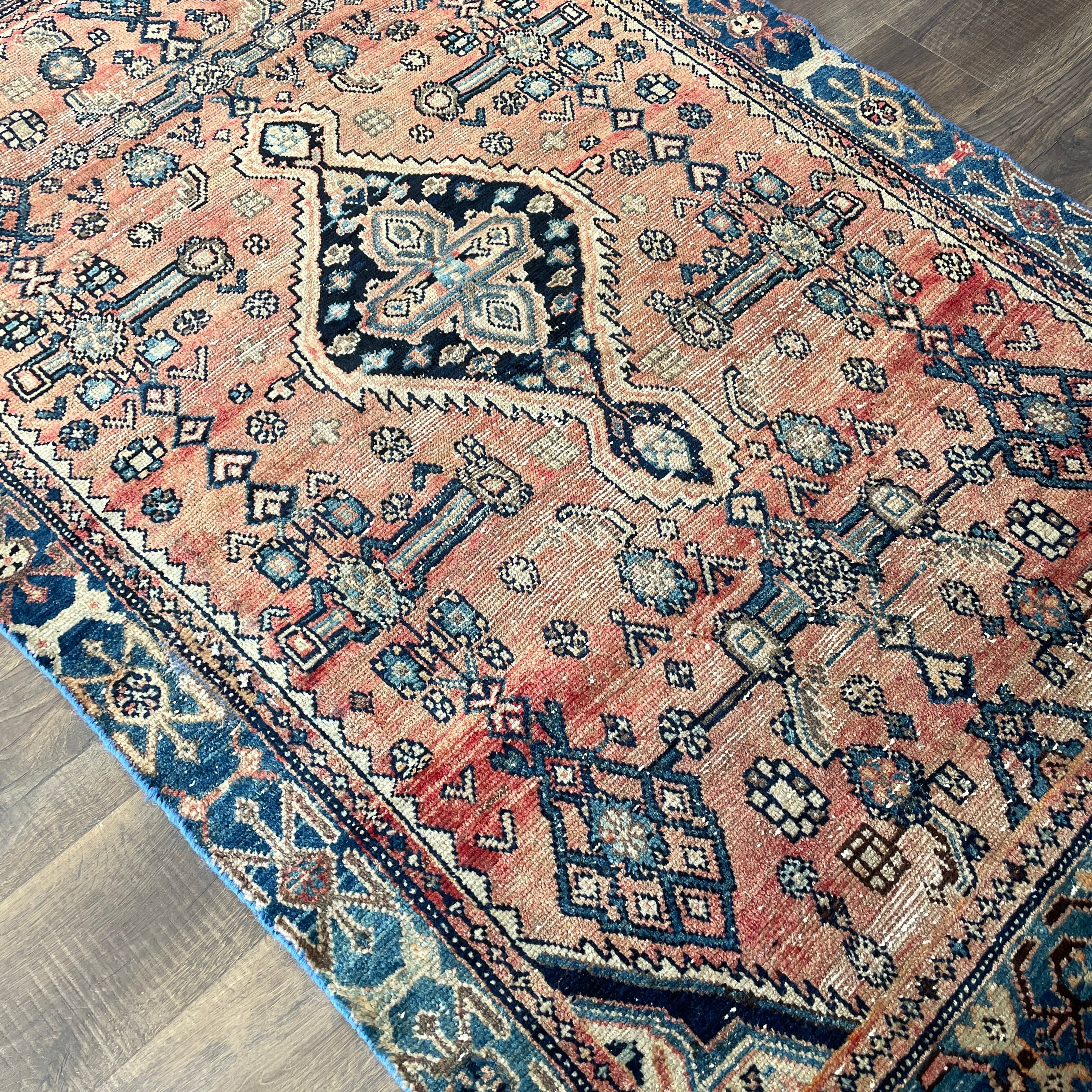 Hand-Knotted Geometric Wool Area Rug 4'1"x6'6" | Vintage Style Peach and Navy Blue Rug
