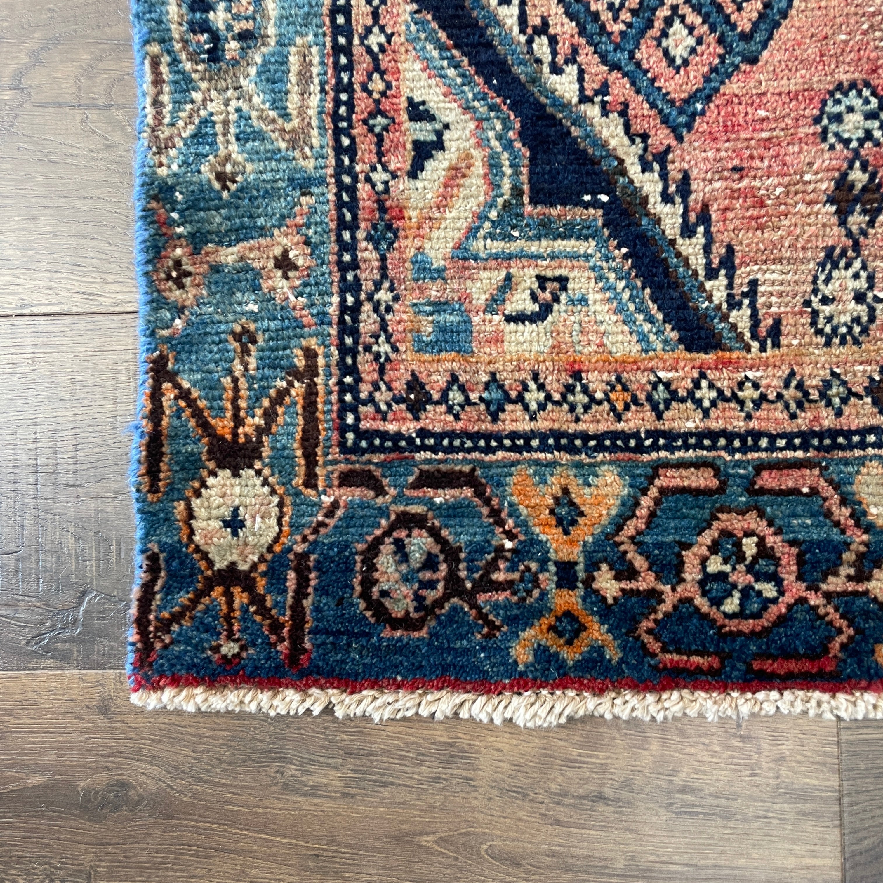 Hand-Knotted Geometric Wool Area Rug 4'1"x6'6" | Vintage Style Peach and Navy Blue Rug