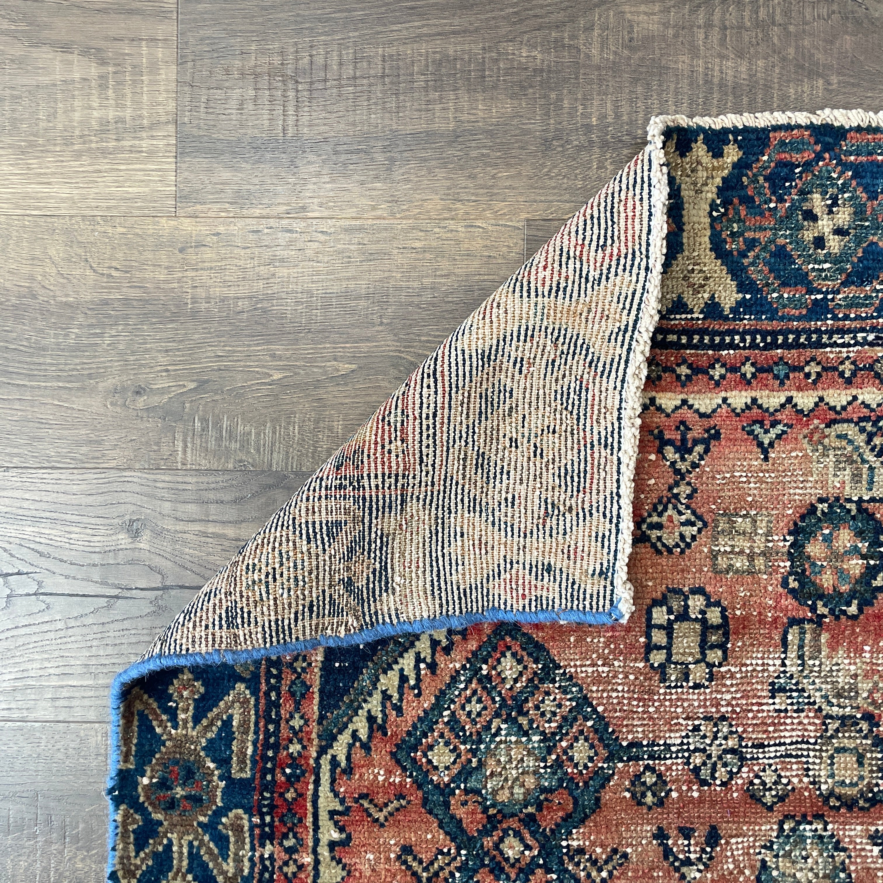 Hand-Knotted Geometric Wool Area Rug 4'1"x6'6" | Vintage Style Peach and Navy Blue Rug