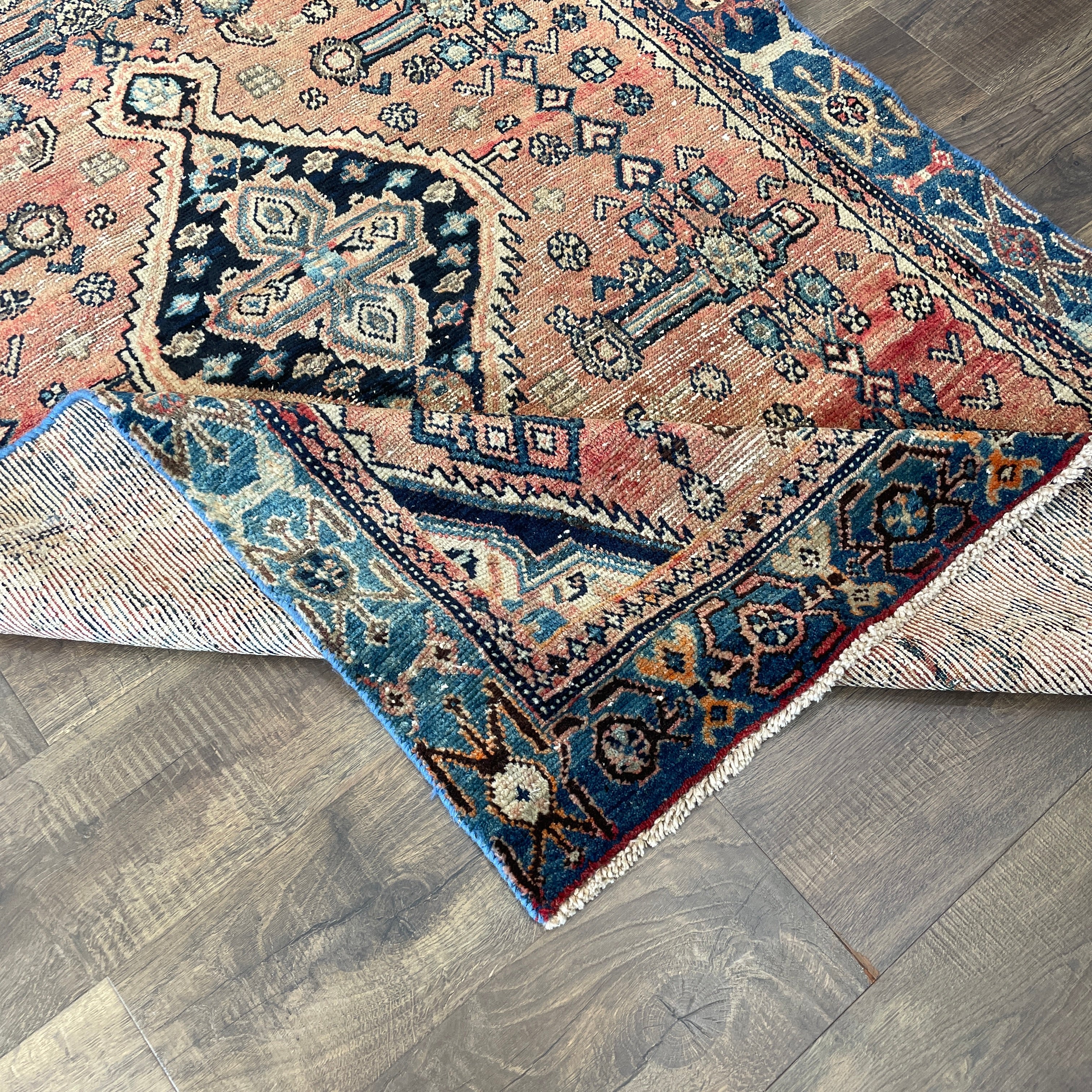 Hand-Knotted Geometric Wool Area Rug 4'1"x6'6" | Vintage Style Peach and Navy Blue Rug