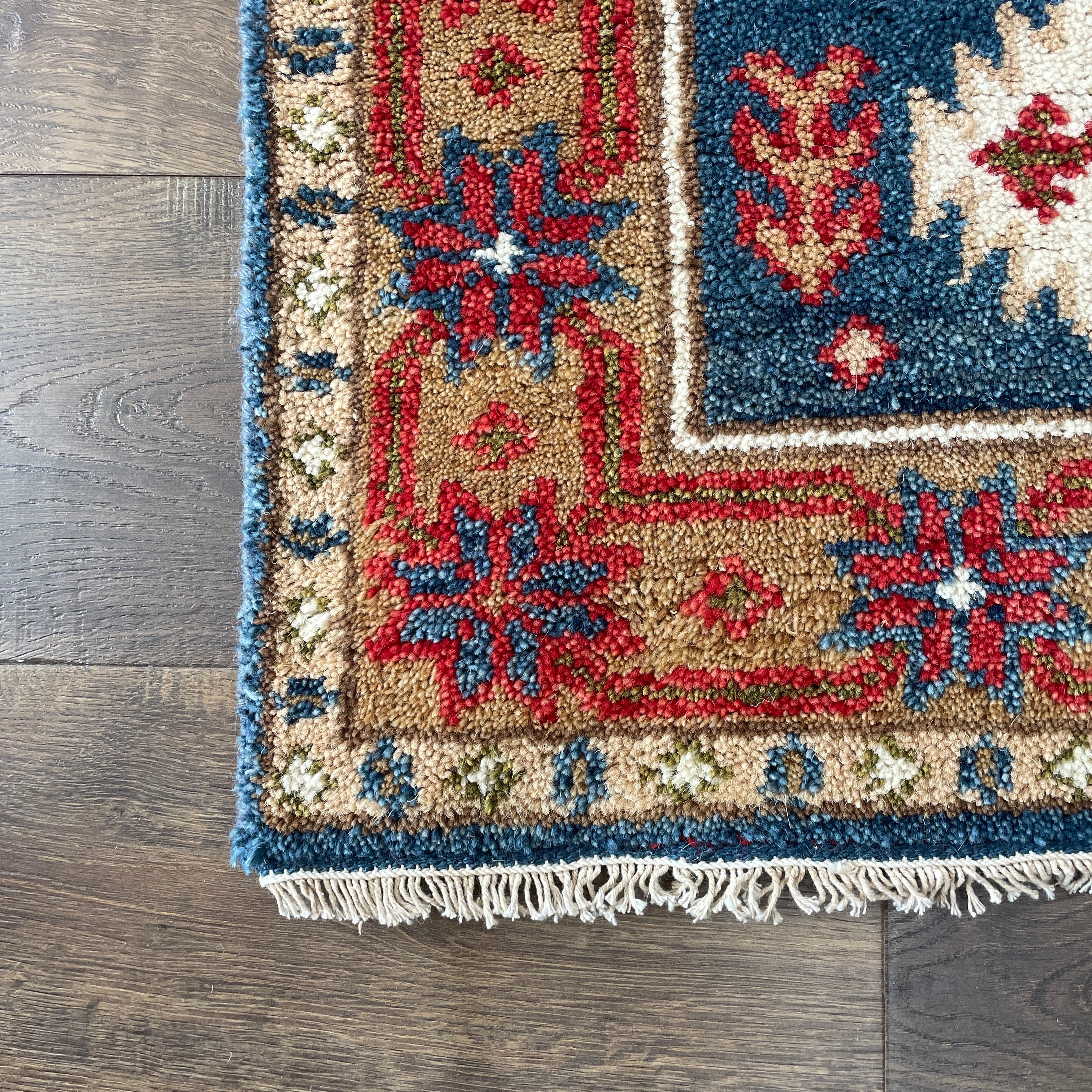 Handmade Geometric Tribal Wool Runner Rug 2'8"x8'2" | Blue and Red Hallway Rug