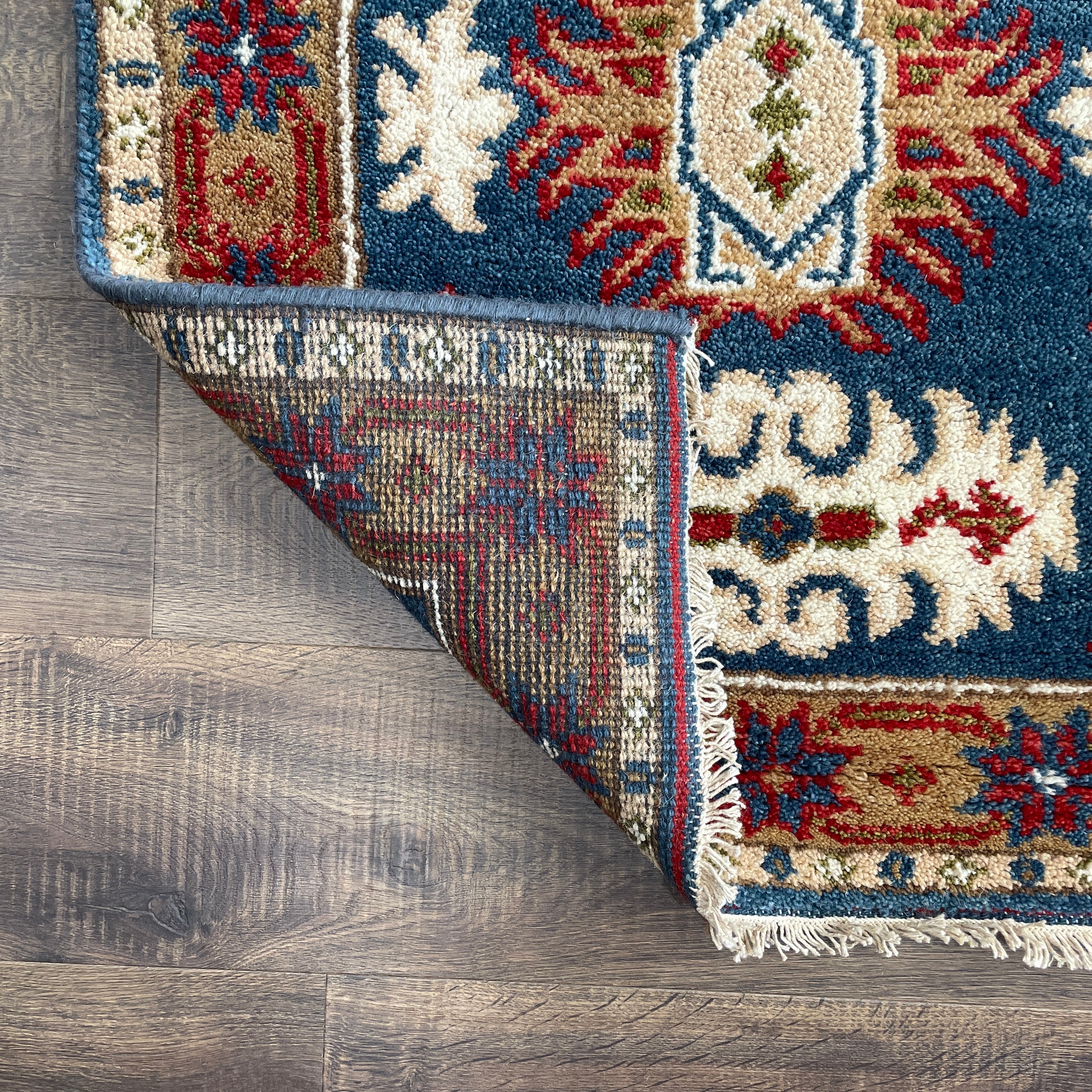 Handmade Geometric Tribal Wool Runner Rug 2'8"x8'2" | Blue and Red Hallway Rug