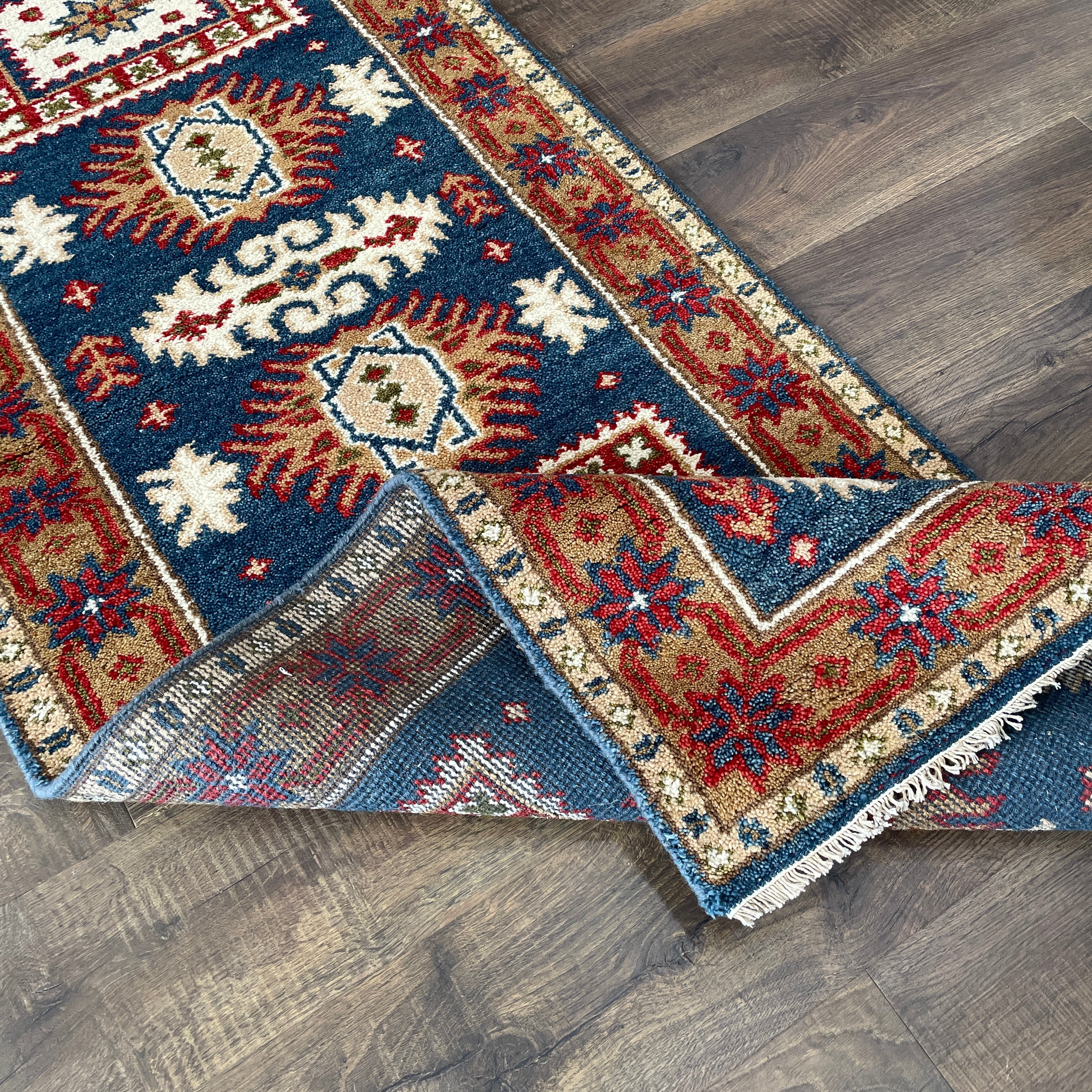 Handmade Geometric Tribal Wool Runner Rug 2'8"x8'2" | Blue and Red Hallway Rug