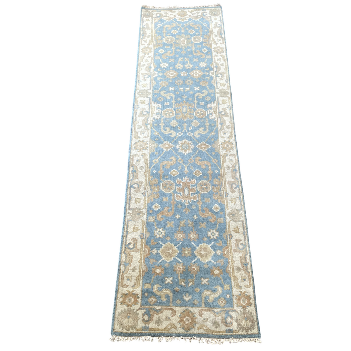 Vintage Handmade Wool Runner Rug 2'8" x 10' – Blue & Beige Floral Hallway Rug