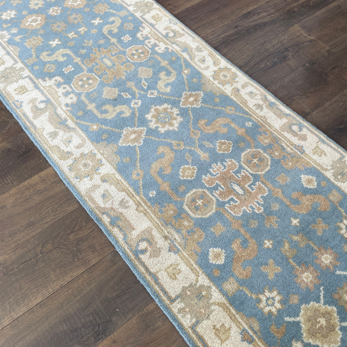 Vintage Handmade Wool Runner Rug 2'8" x 10' – Blue & Beige Floral Hallway Rug