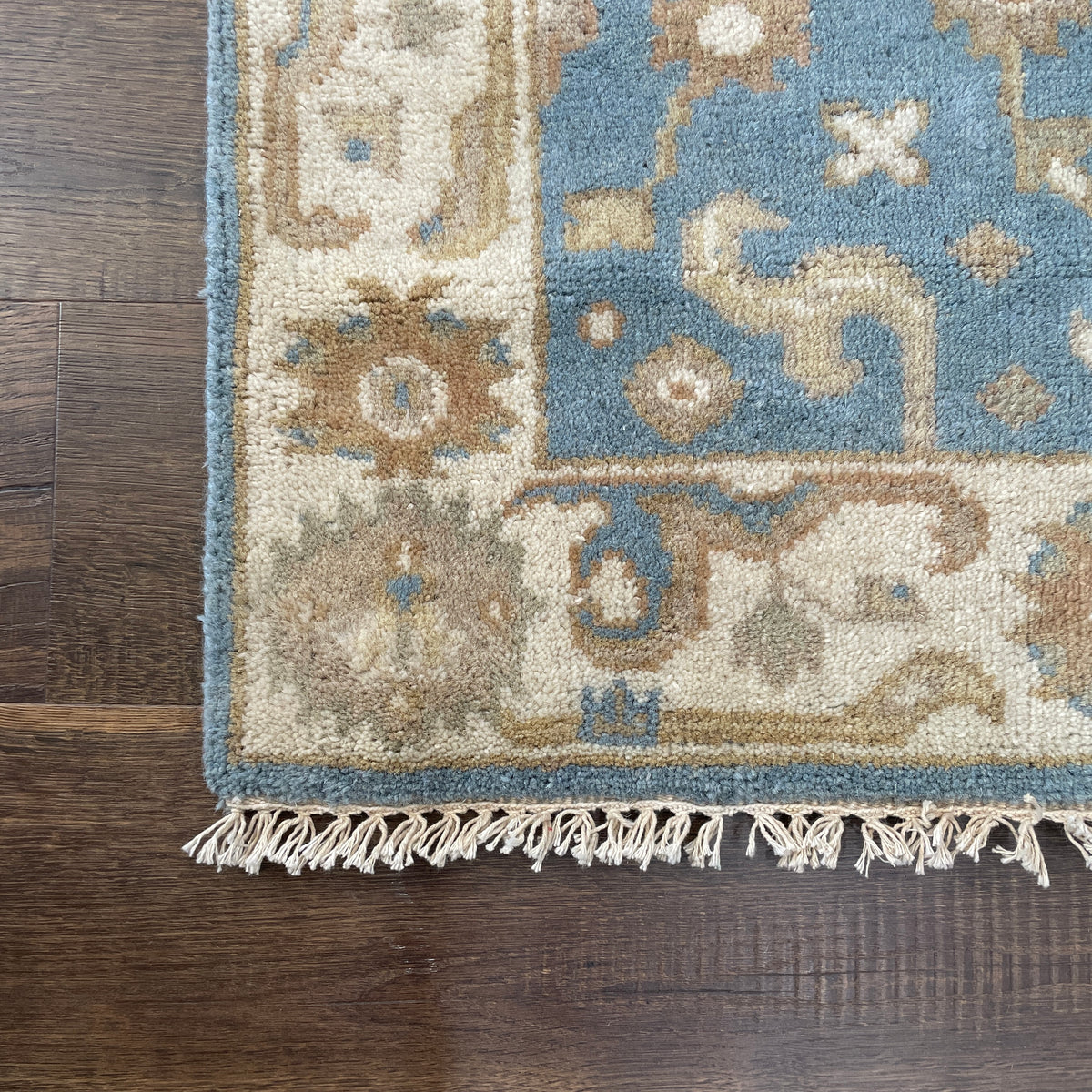Vintage Handmade Wool Runner Rug 2'8" x 10' – Blue & Beige Floral Hallway Rug