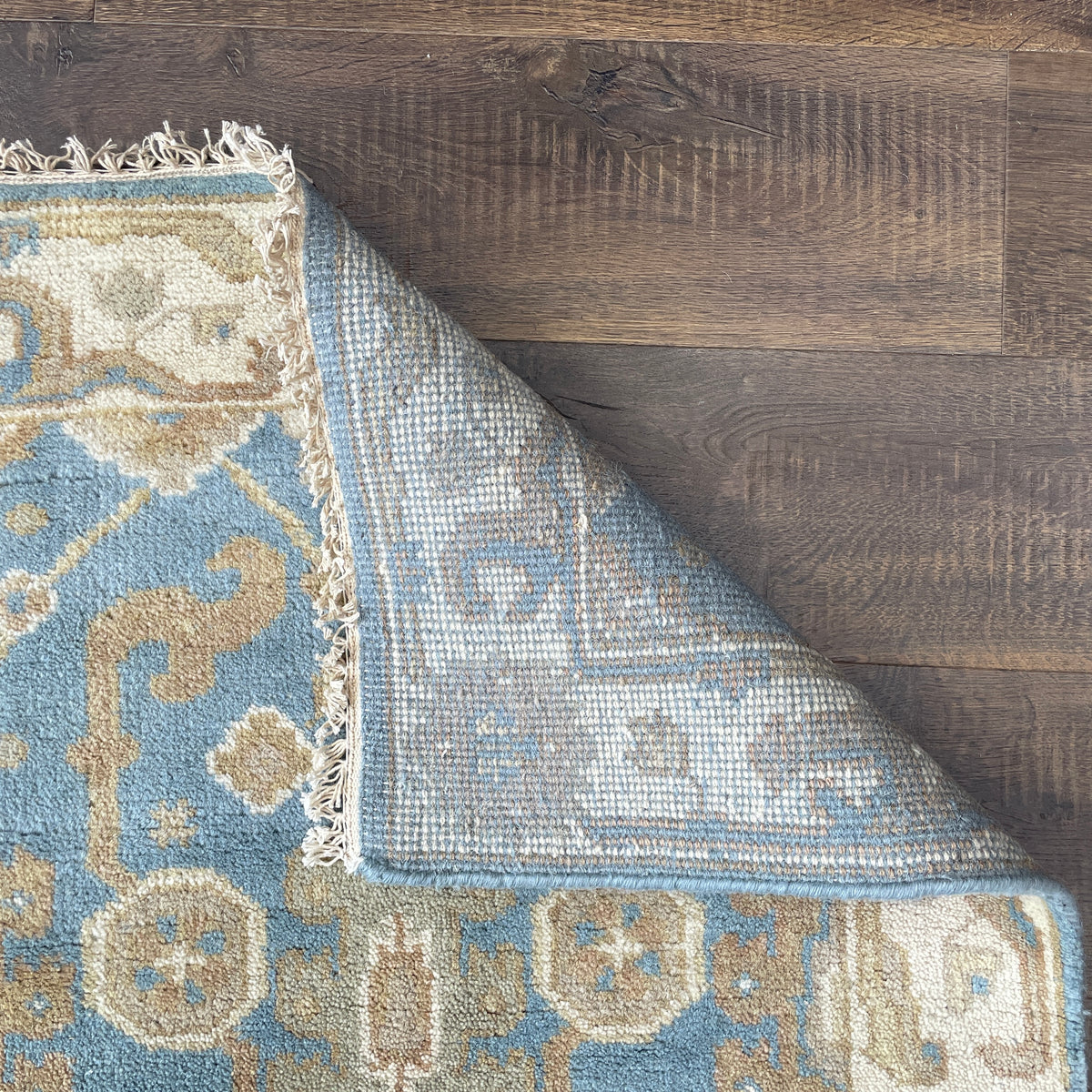 Vintage Handmade Wool Runner Rug 2'8" x 10' – Blue & Beige Floral Hallway Rug