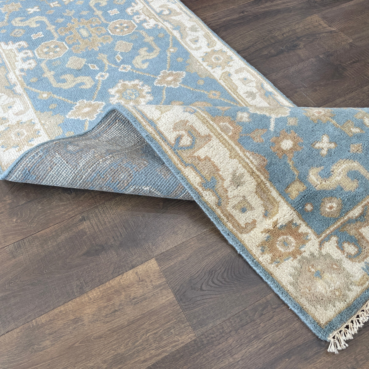 Vintage Handmade Wool Runner Rug 2'8" x 10' – Blue & Beige Floral Hallway Rug