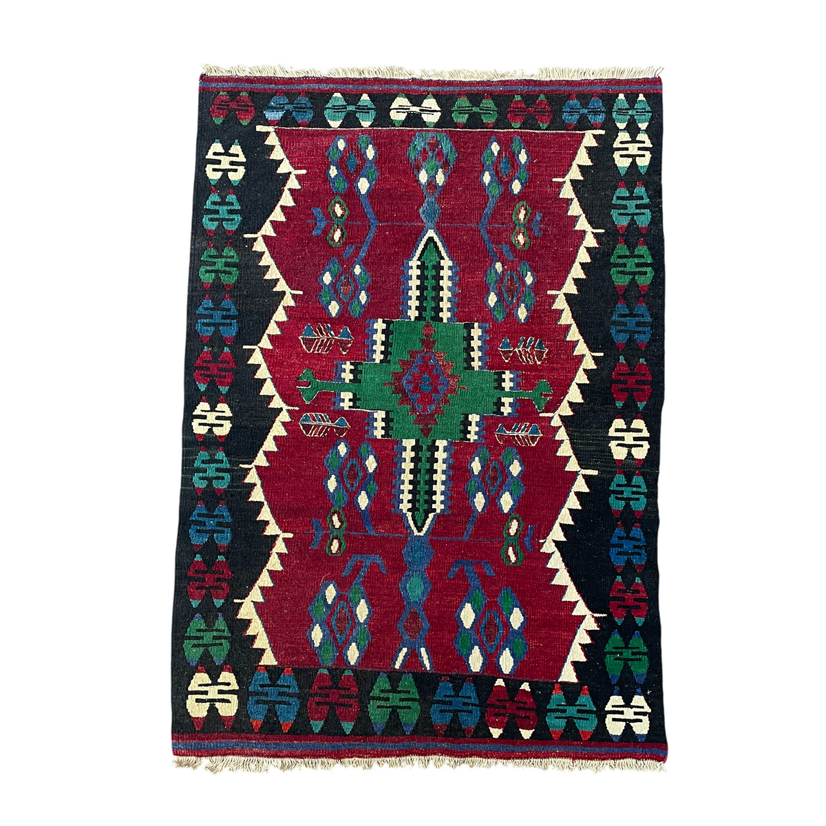 Vintage Handmade Kilim Rug 3'4" x 4'8" – Red, Black & Green Geometric Flatweave