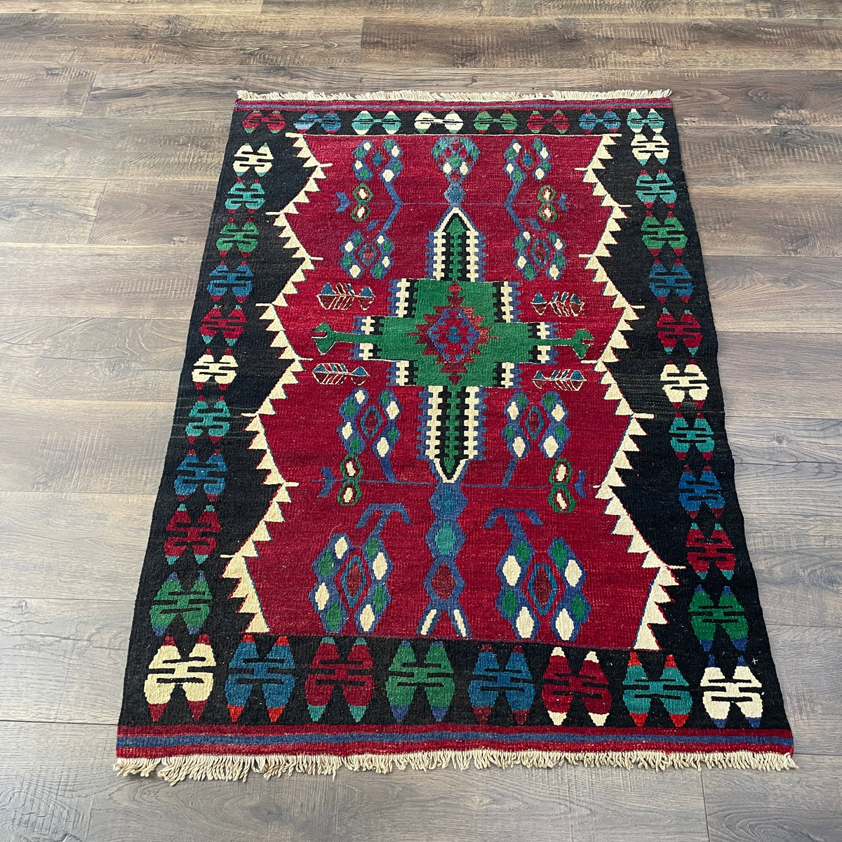 Vintage Handmade Kilim Rug 3'4" x 4'8" – Red, Black & Green Geometric Flatweave