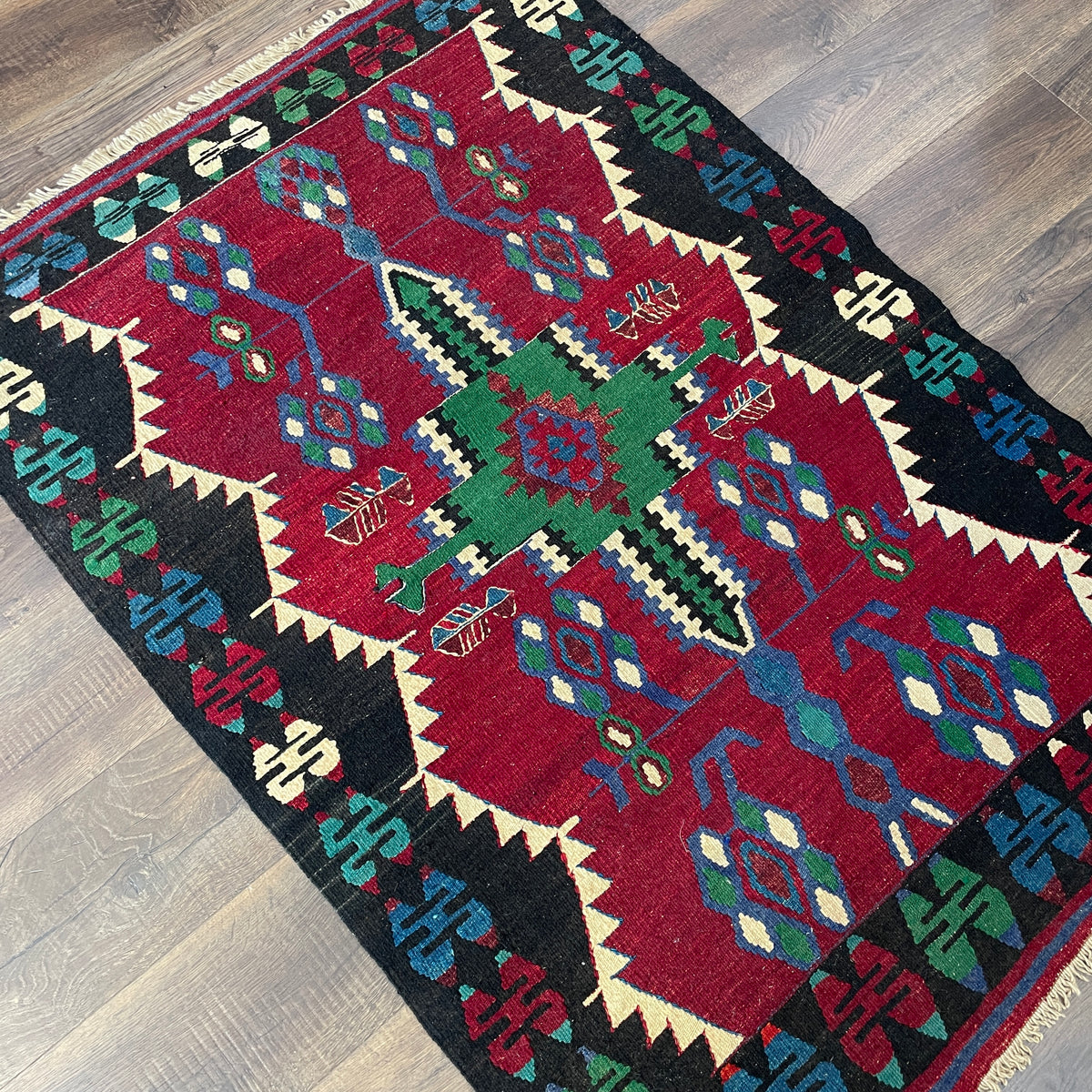 Vintage Handmade Kilim Rug 3'4" x 4'8" – Red, Black & Green Geometric Flatweave