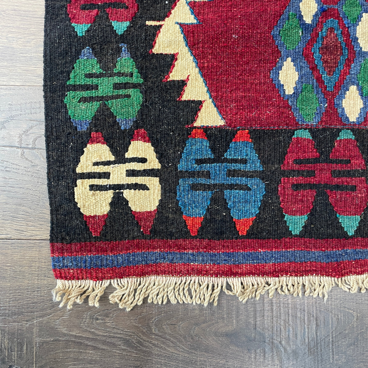 Vintage Handmade Kilim Rug 3'4" x 4'8" – Red, Black & Green Geometric Flatweave