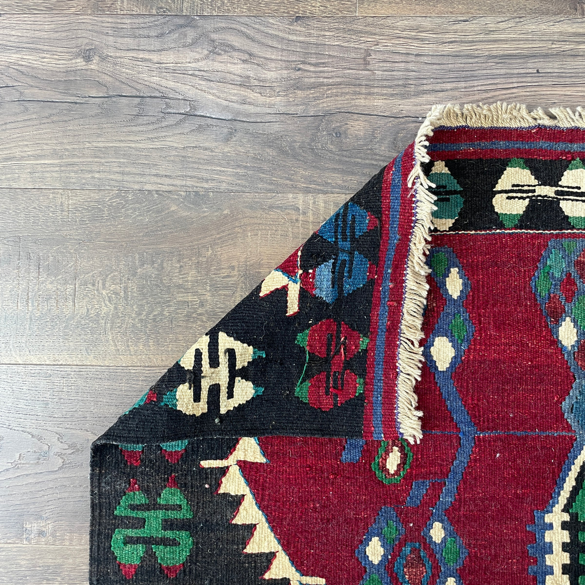 Vintage Handmade Kilim Rug 3'4" x 4'8" – Red, Black & Green Geometric Flatweave