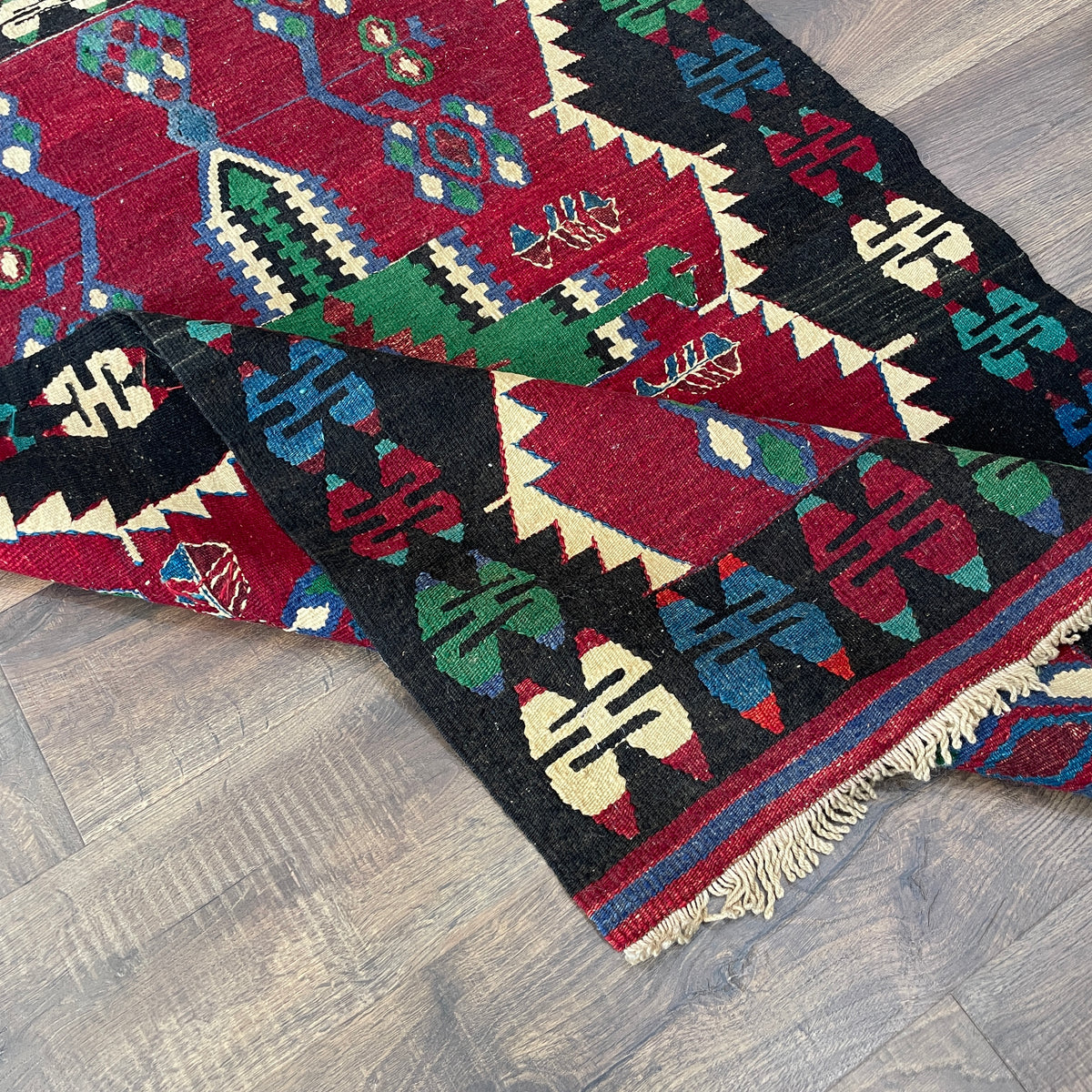 Vintage Handmade Kilim Rug 3'4" x 4'8" – Red, Black & Green Geometric Flatweave